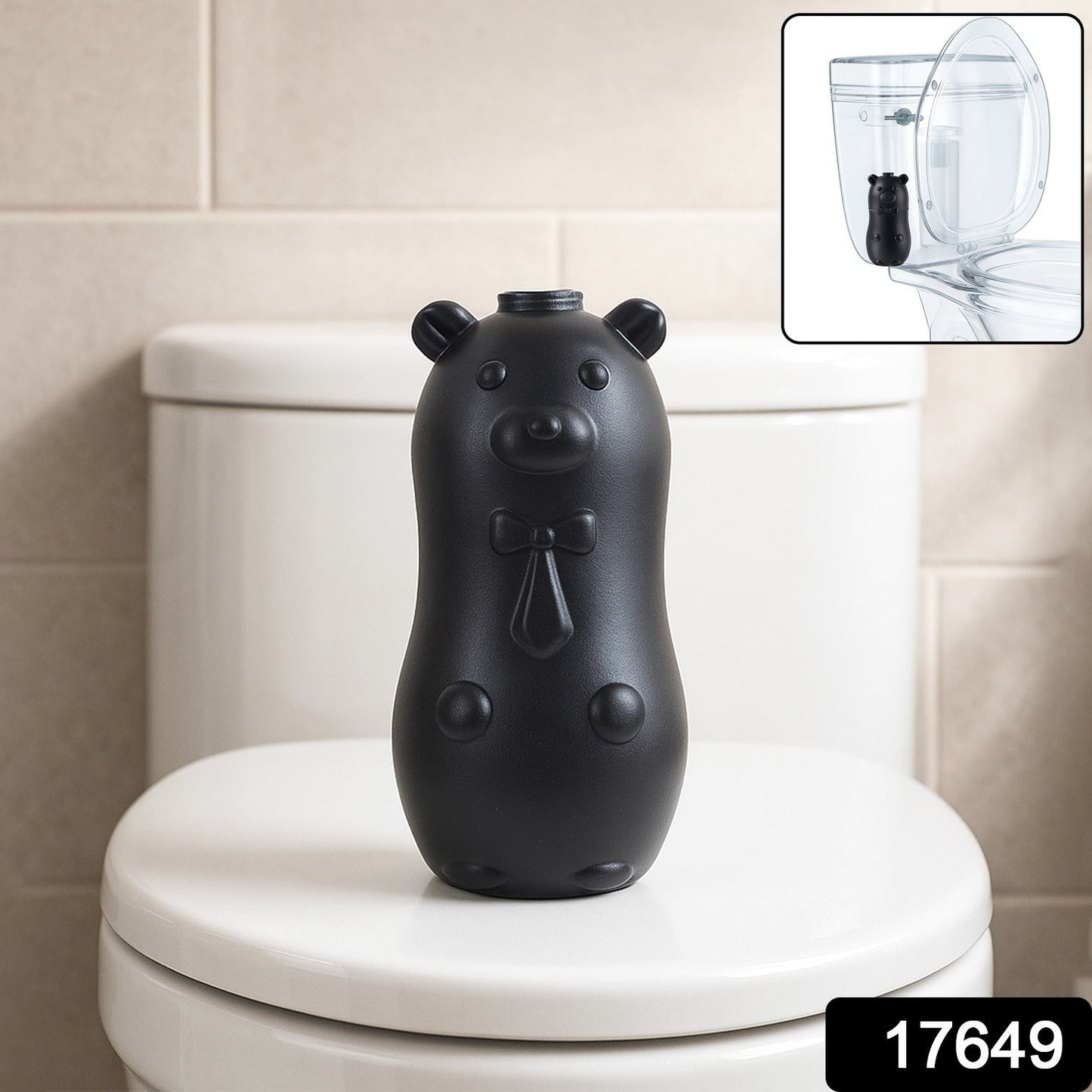 Close up of bear shaped toilet tank cleaner showing design details