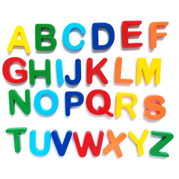 Complete set of 26 capital magnetic letters in three distinct colours.