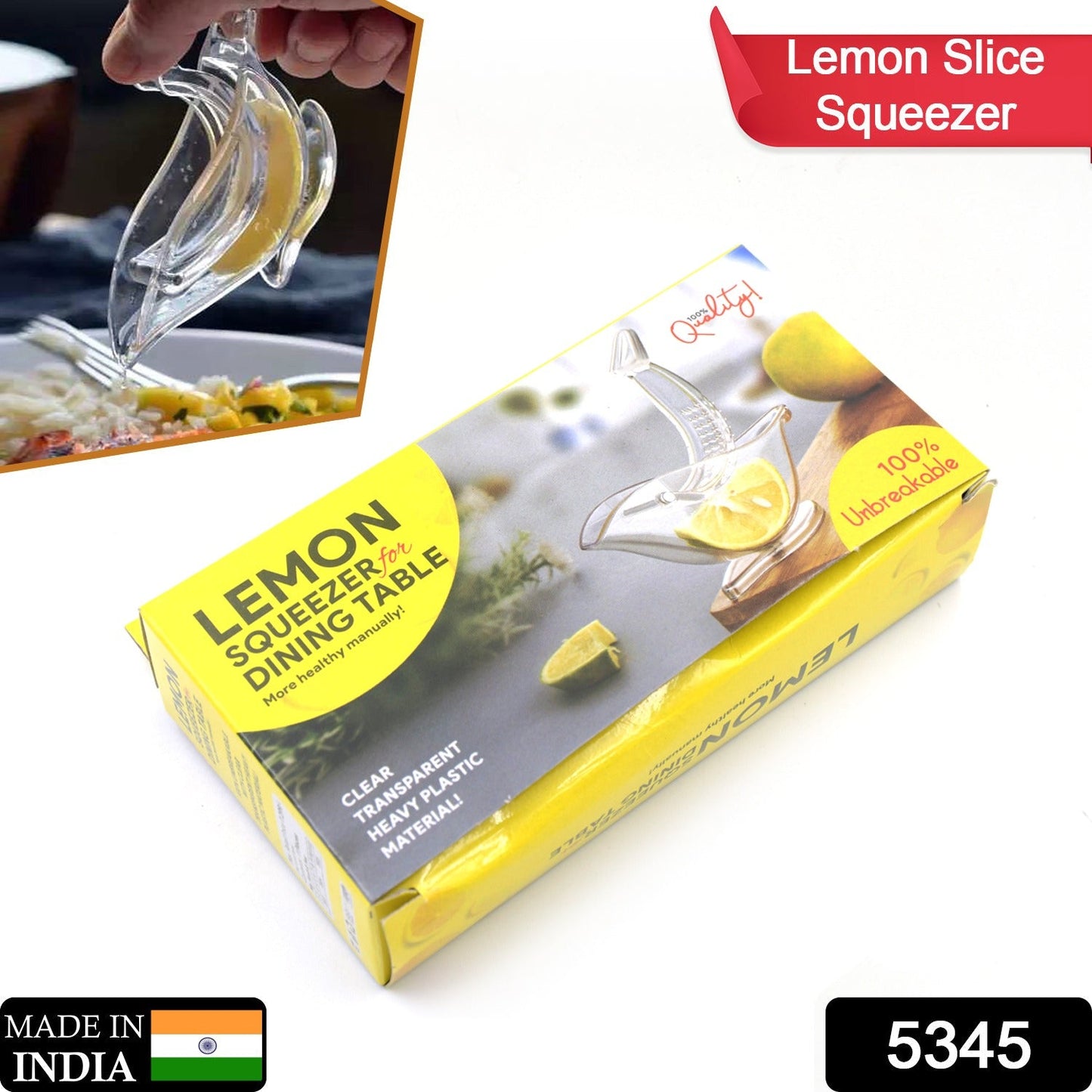 Clear manual fruit juicer effortlessly extracting juice from a lemon.