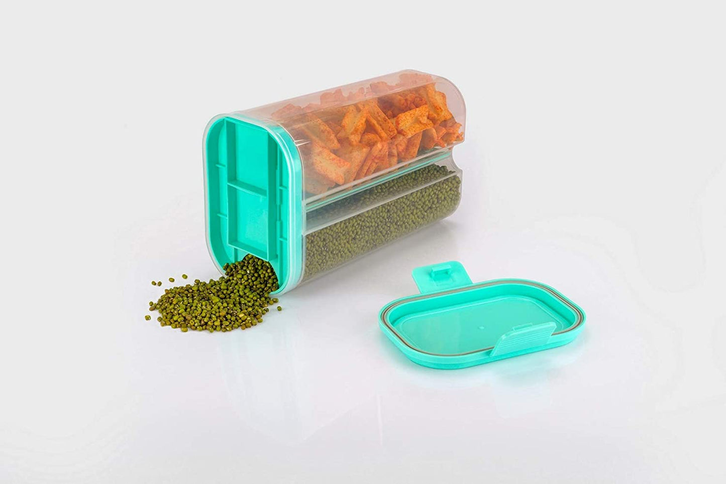 Angled view of an airtight grain container showing its divided sections.
