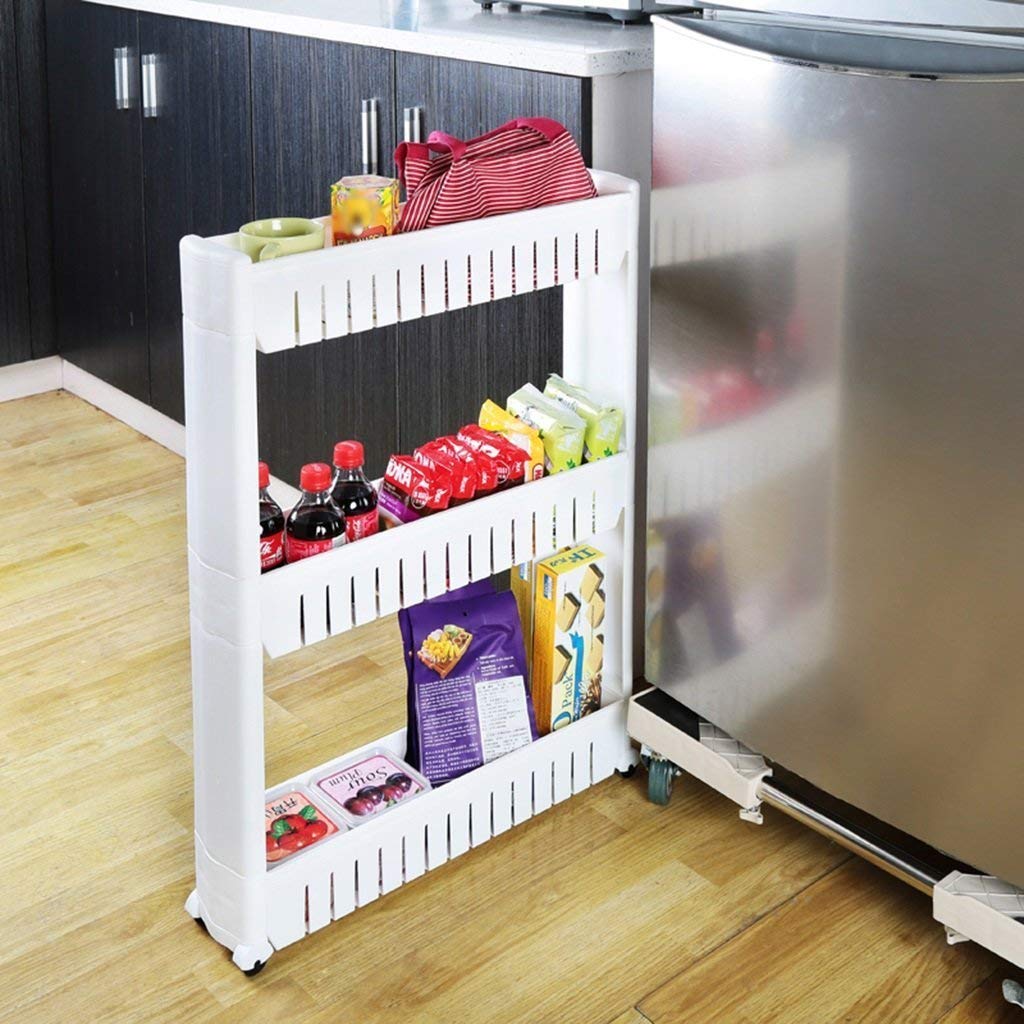 A white 3-layer slim storage rack with wheels, showcasing its compact design.