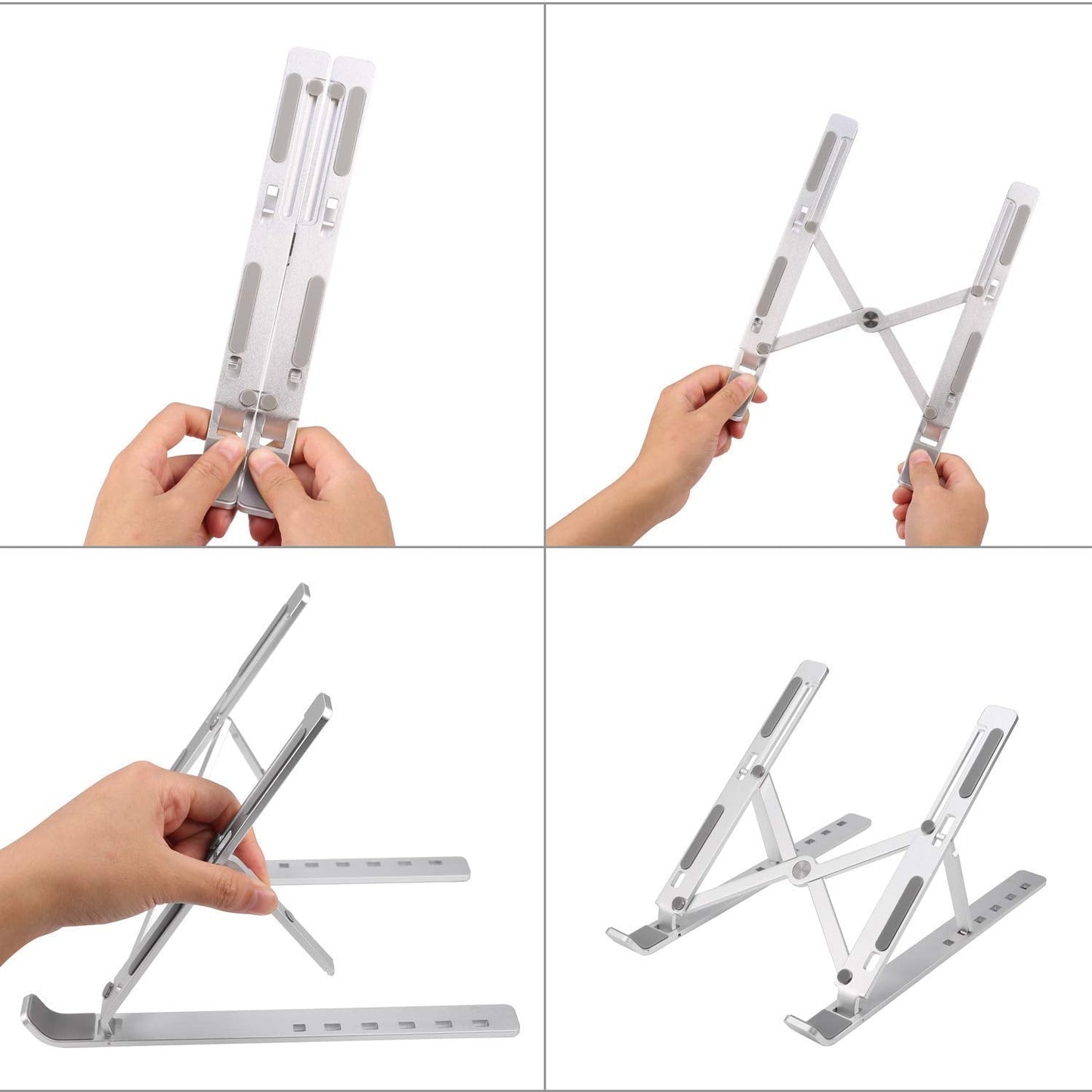 Front view of the metal laptop stand with a laptop, illustrating stable support.
