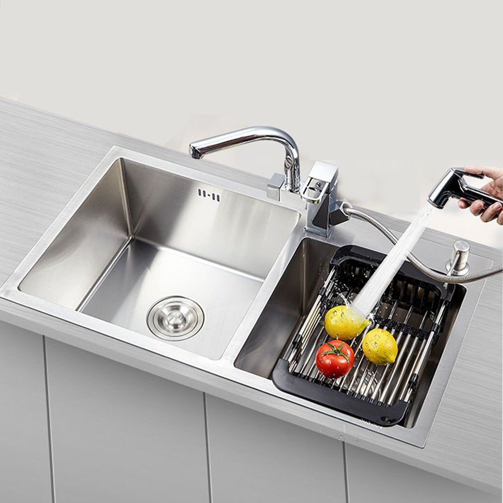 Compact view of the expandable dish rack for space-saving kitchen organization.