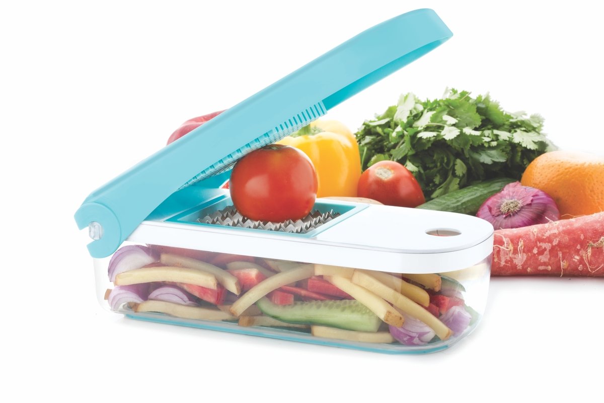The Ganesh 7-in-1 vegetable dicer showing its sturdy base and blue exterior.