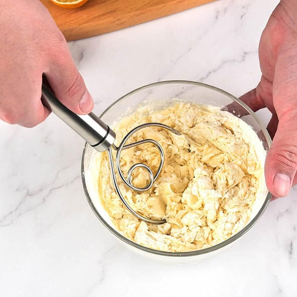 High-quality stainless steel dough whisk for baking and mixing.