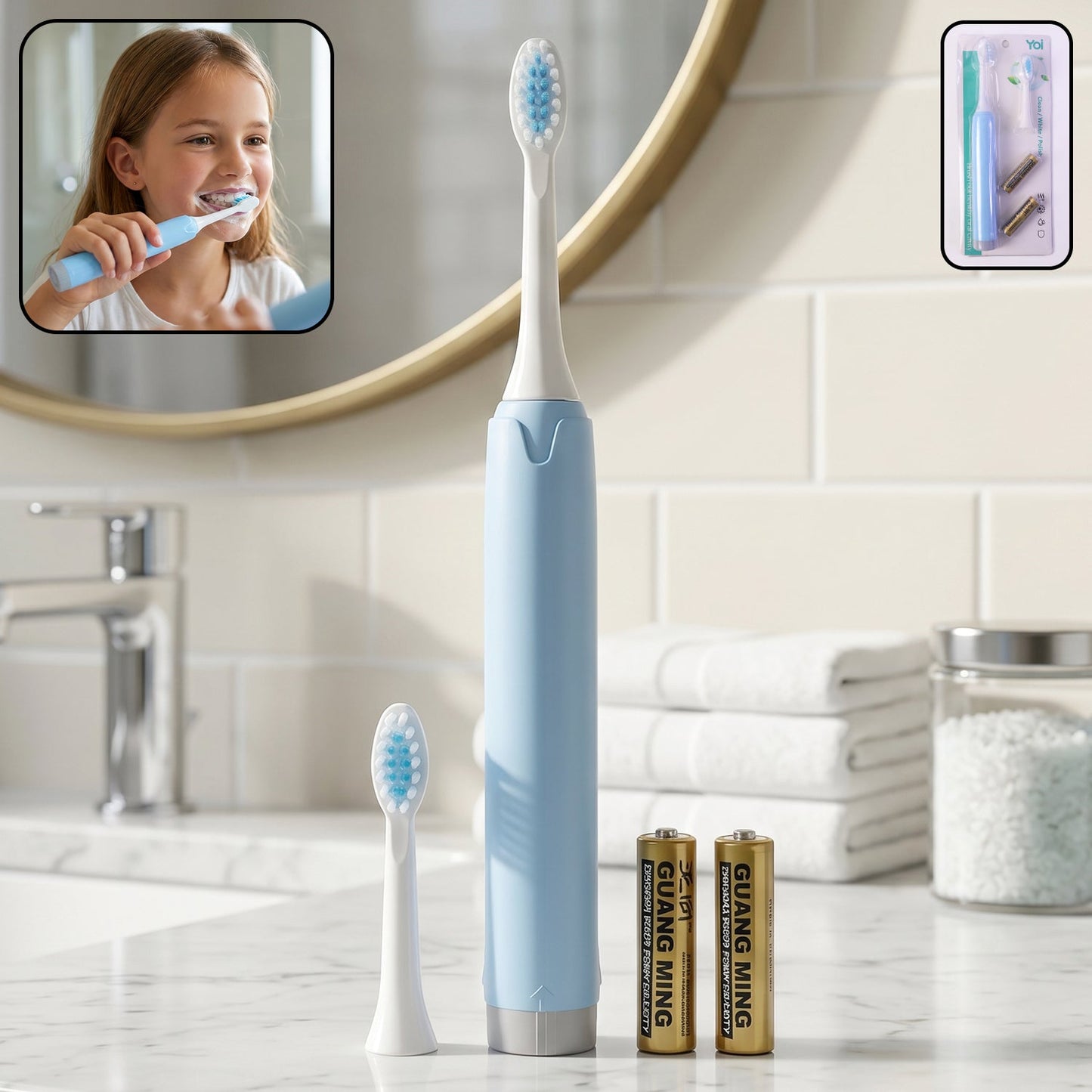 Composite view of electric sonic toothbrush showcasing design and features