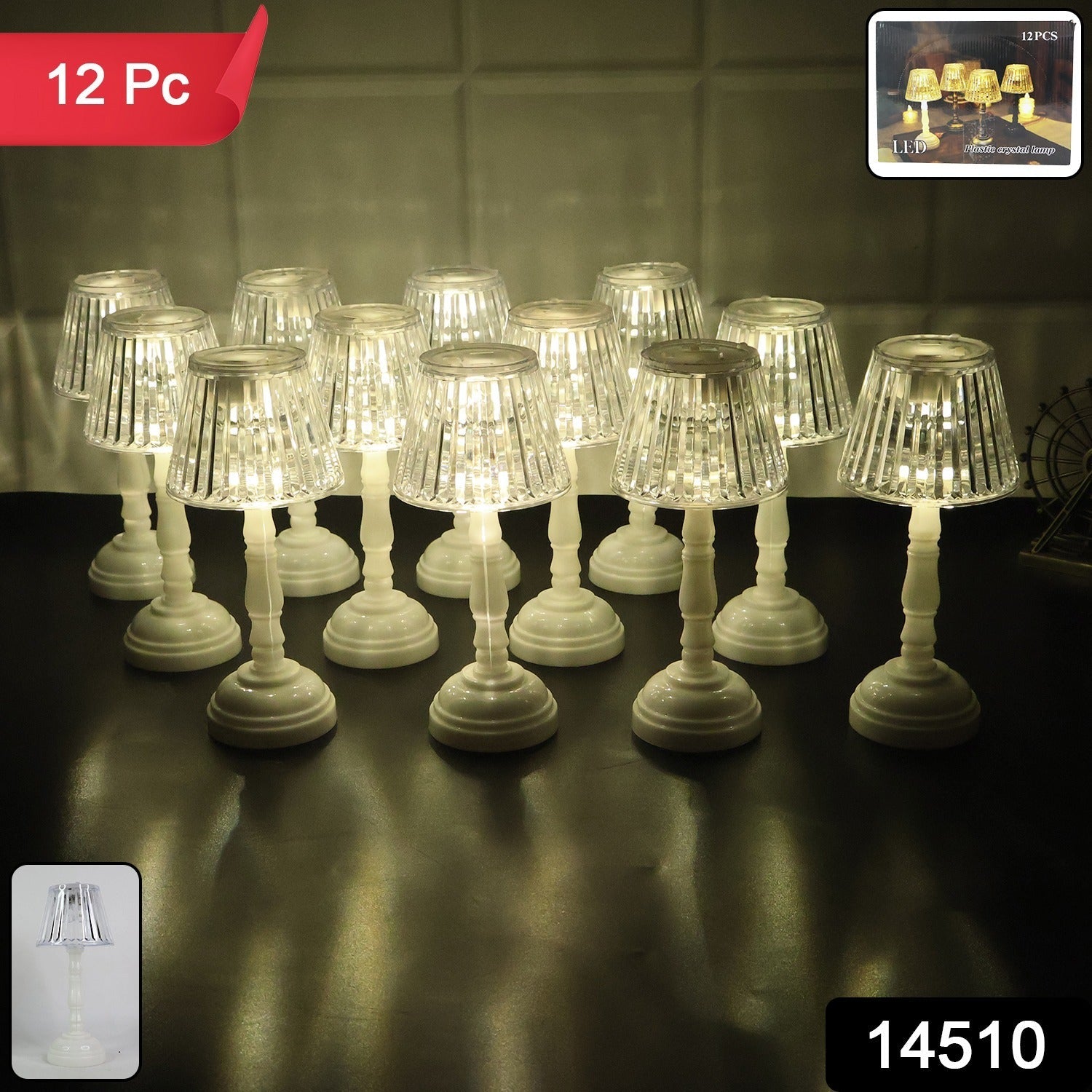 Close-up of decorative LED crystal table lamp with glowing warm light