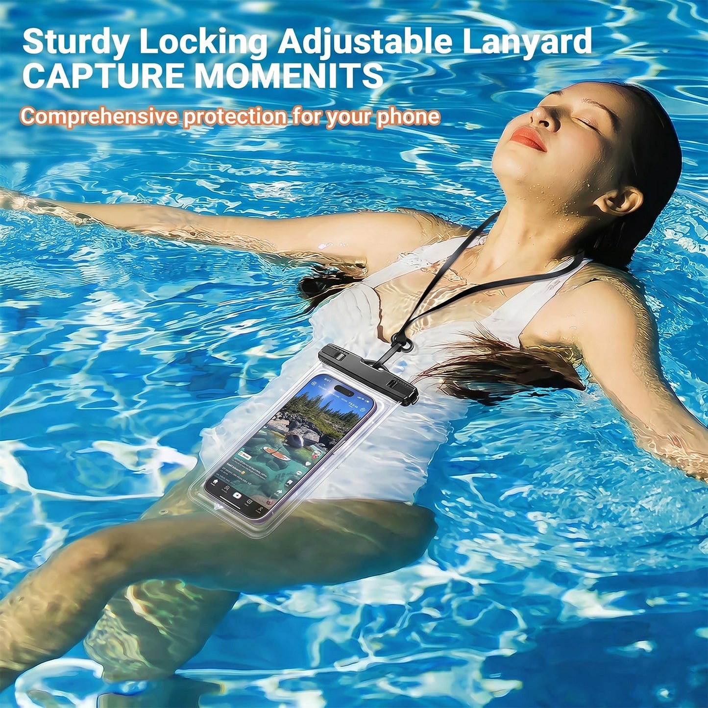 Pouch floating in pool for waterproof demonstration