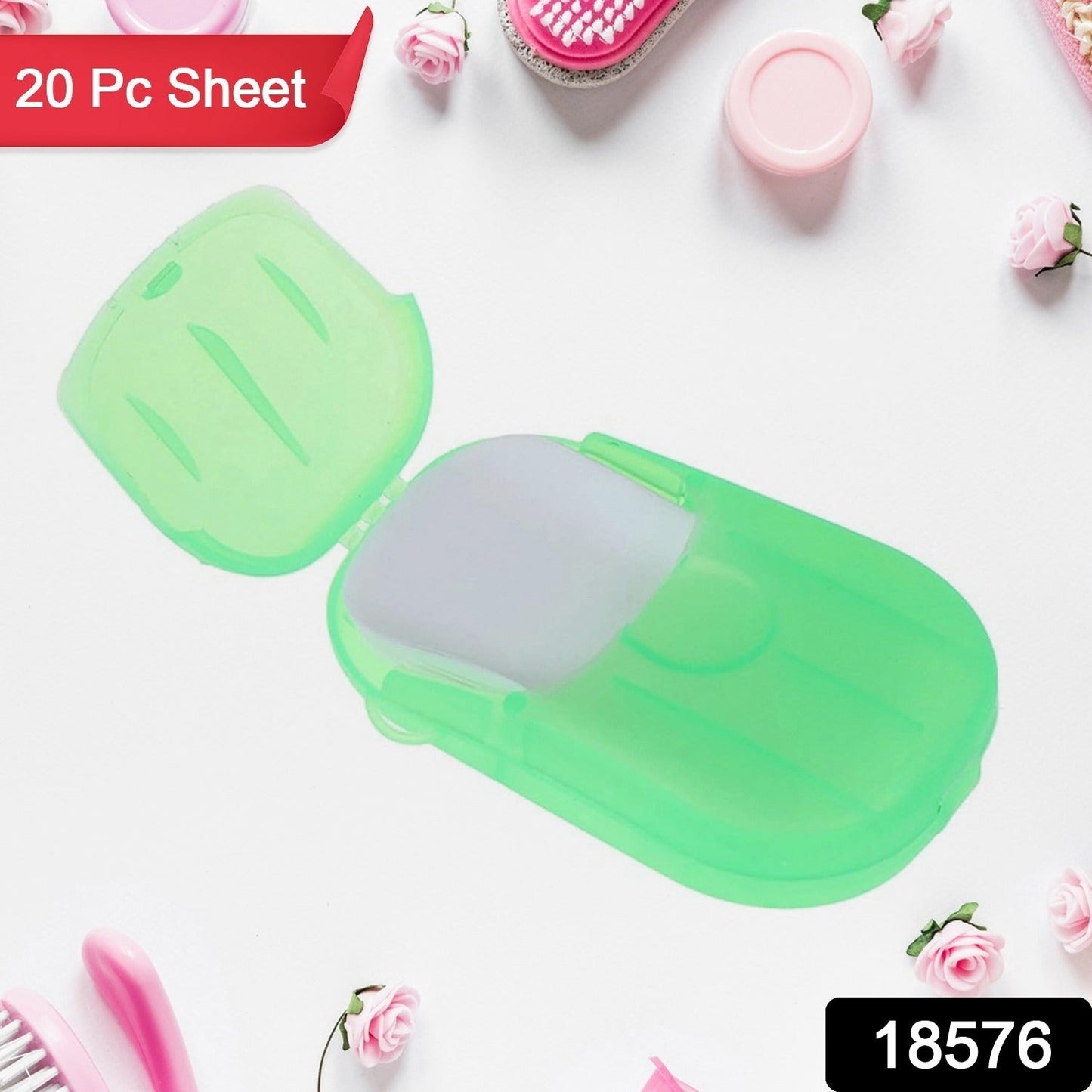 Mini travel soap sheet box holding 20 dissolvable sheets for hand hygiene