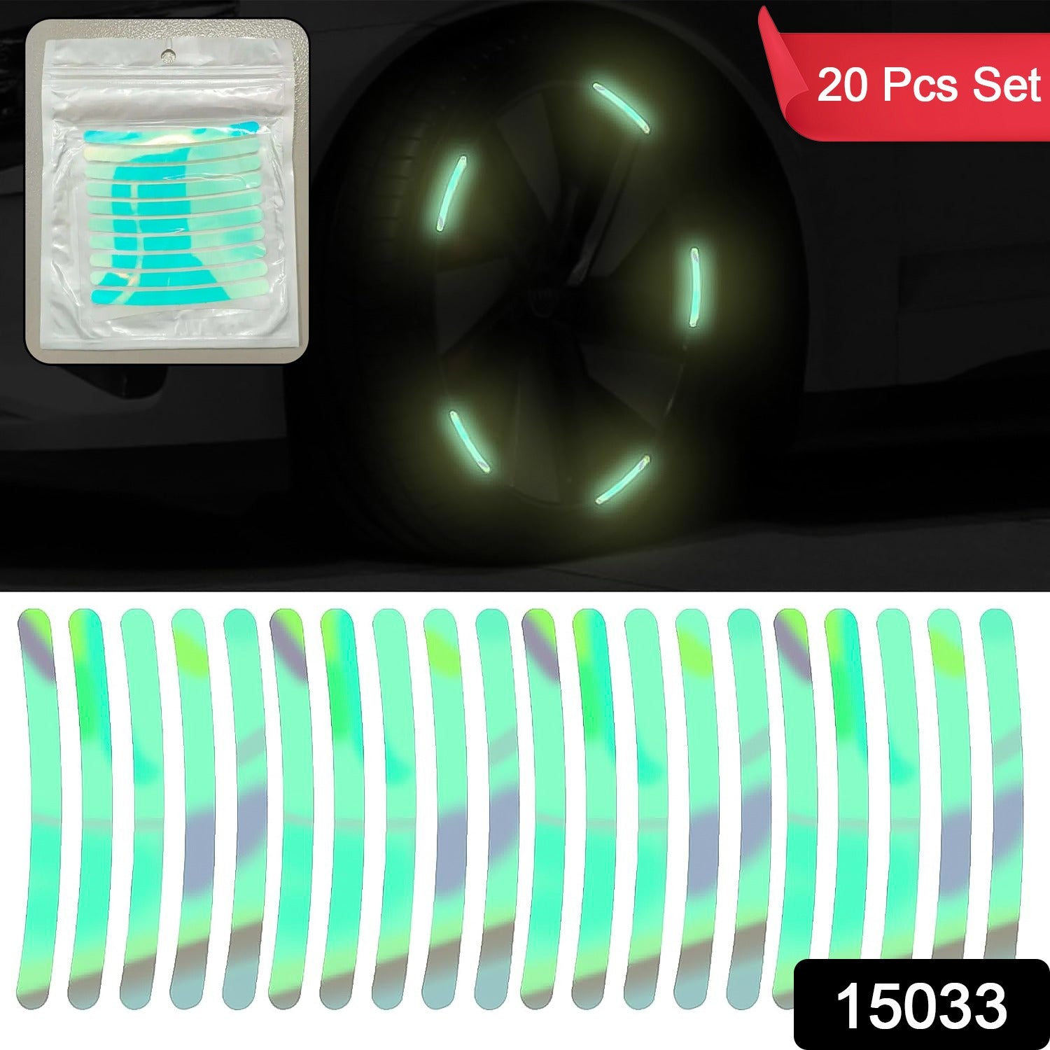 Reflective car wheel hub stickers providing a subtle glow on a vehicle.