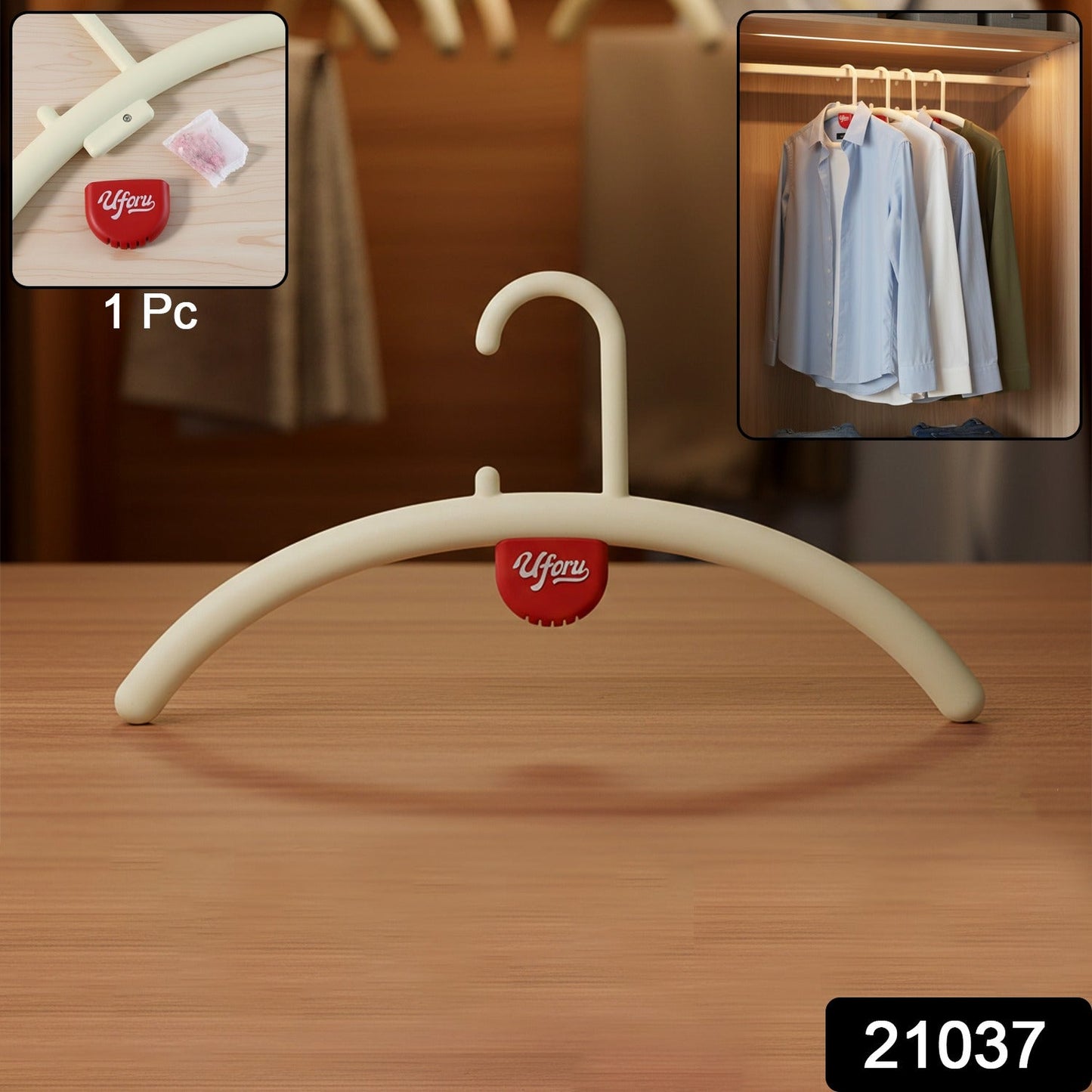 Close-up of plastic clothes hanger with anti-slip feature holding clothes securely
