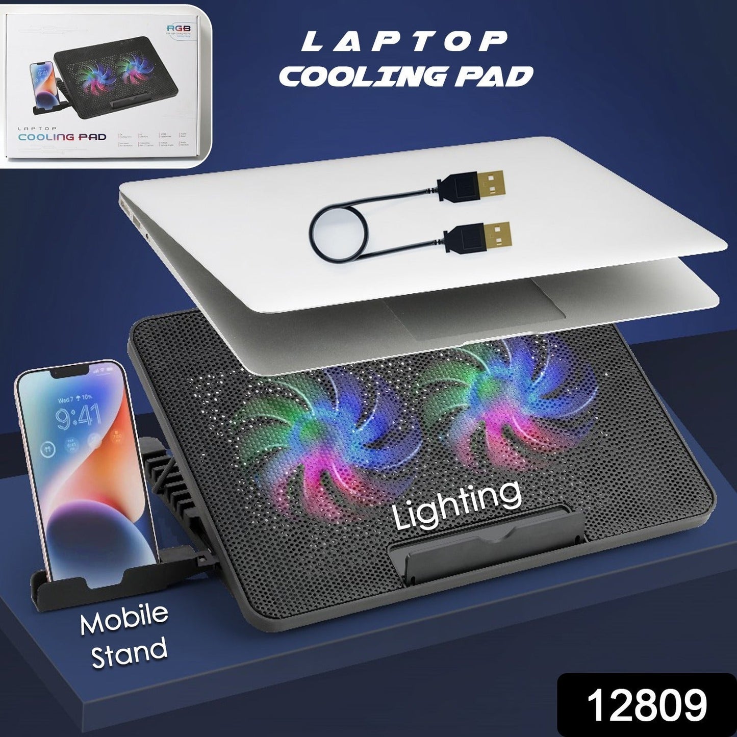 Ergonomic laptop cooling pad shown at an adjustable height with a laptop.