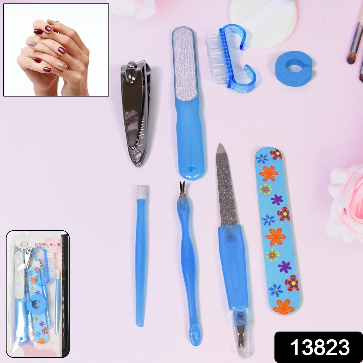 Close-up of manicure tools in the 8-in-1 nail and foot care kit