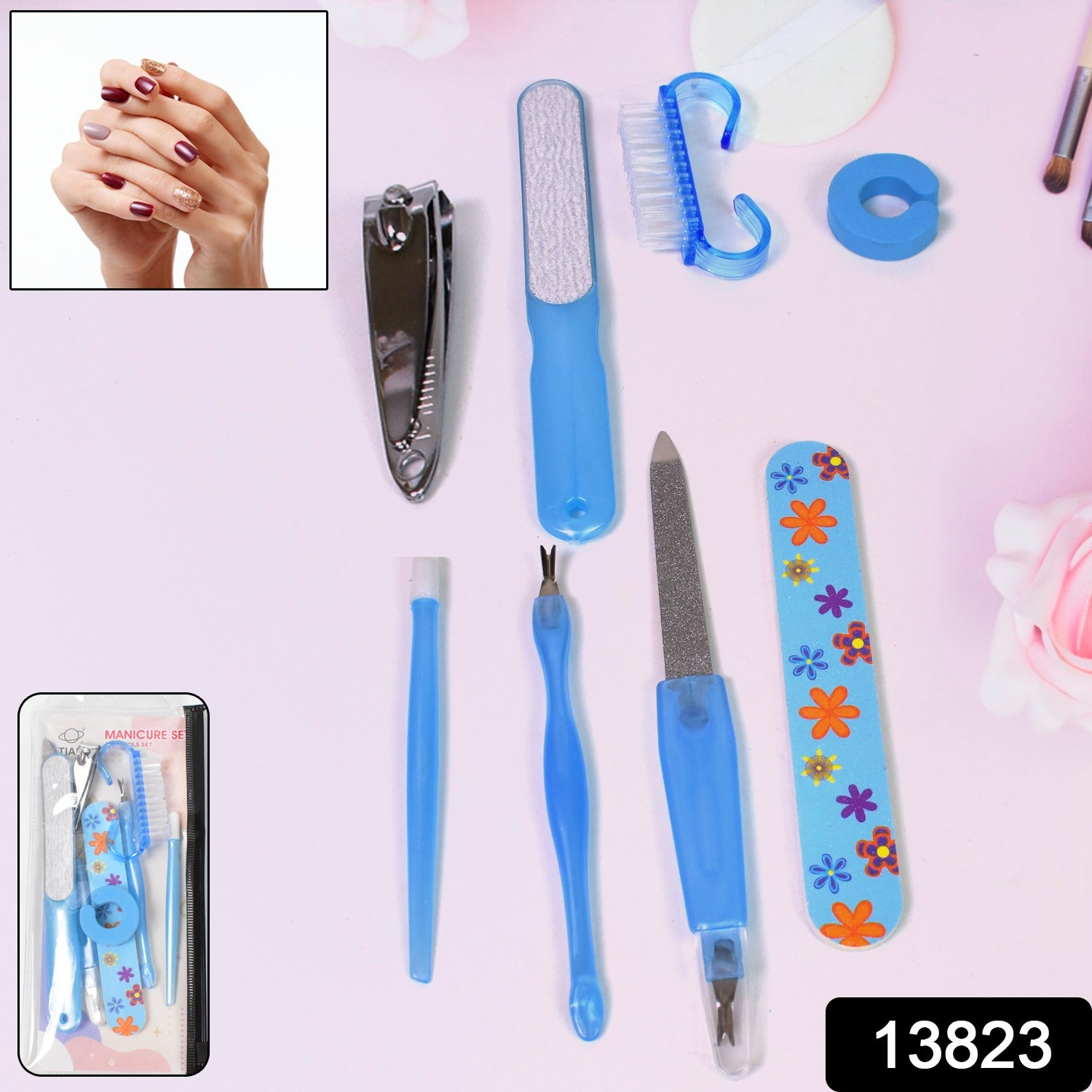 Close-up of manicure tools in the 8-in-1 nail and foot care kit