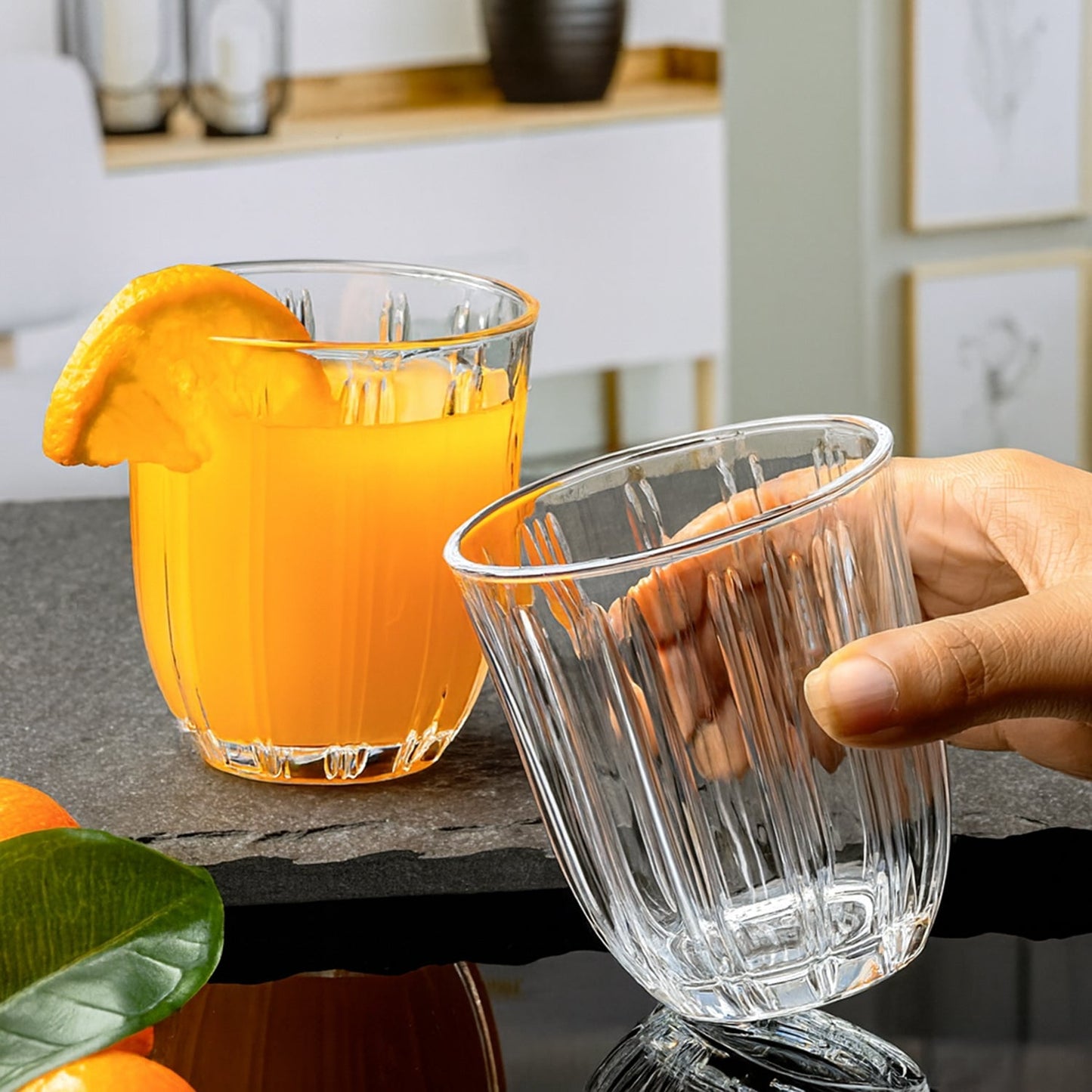 Classic clear glass tumblers with vertical ribbed finish