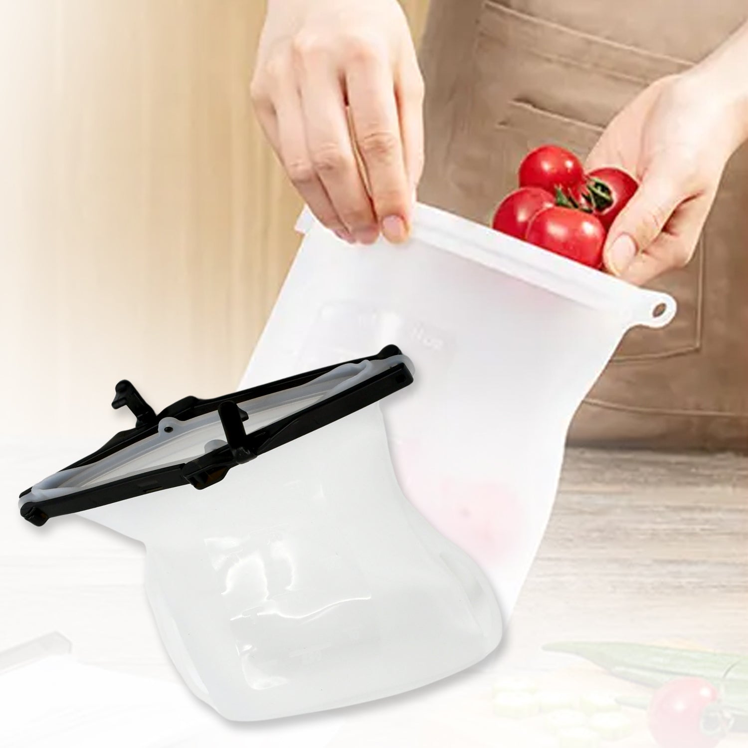 Silicone food storage bag standing upright with a sandwich, showcasing its flat bottom design.