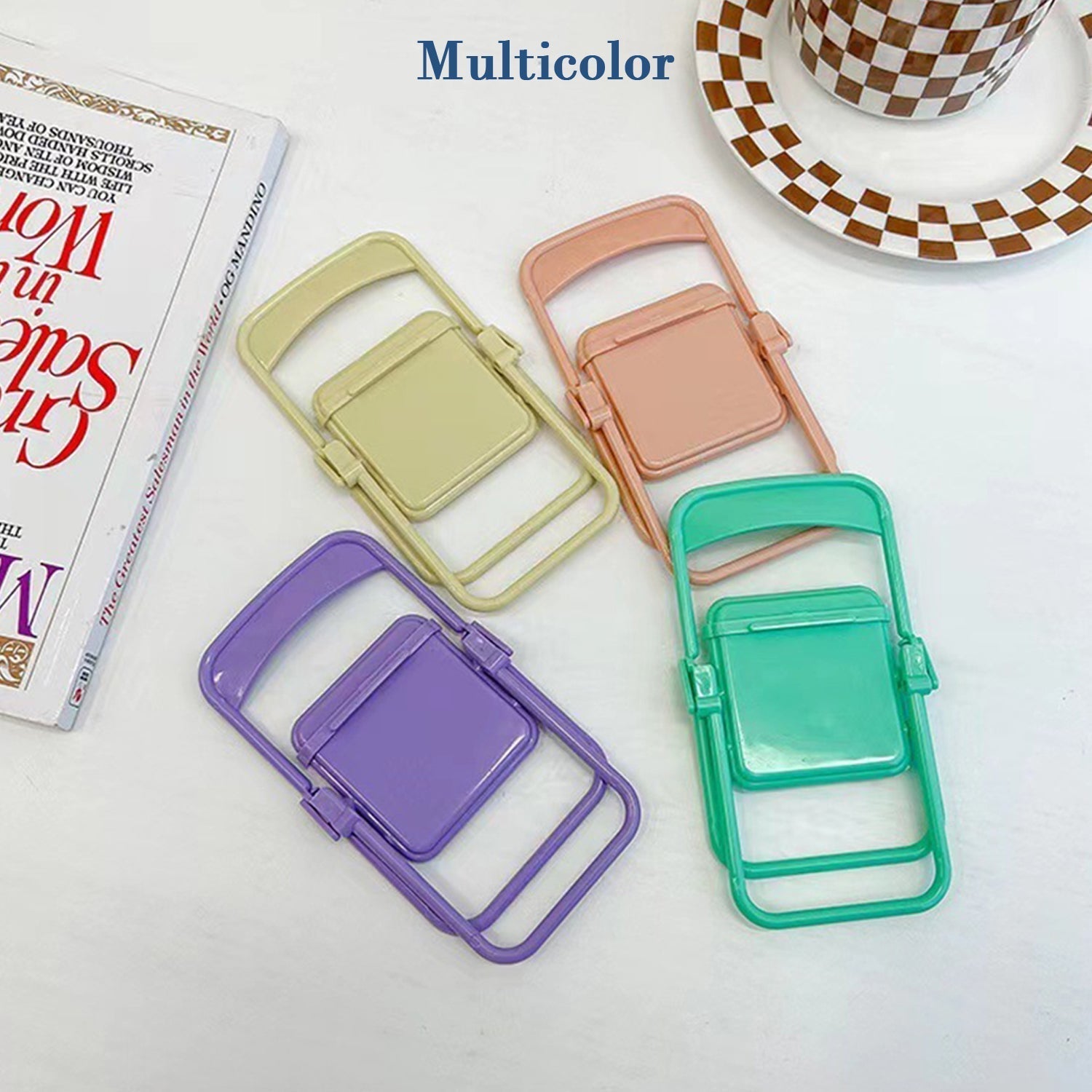 Stylish chair mobile stand compatible with different smartphone sizes and brands.