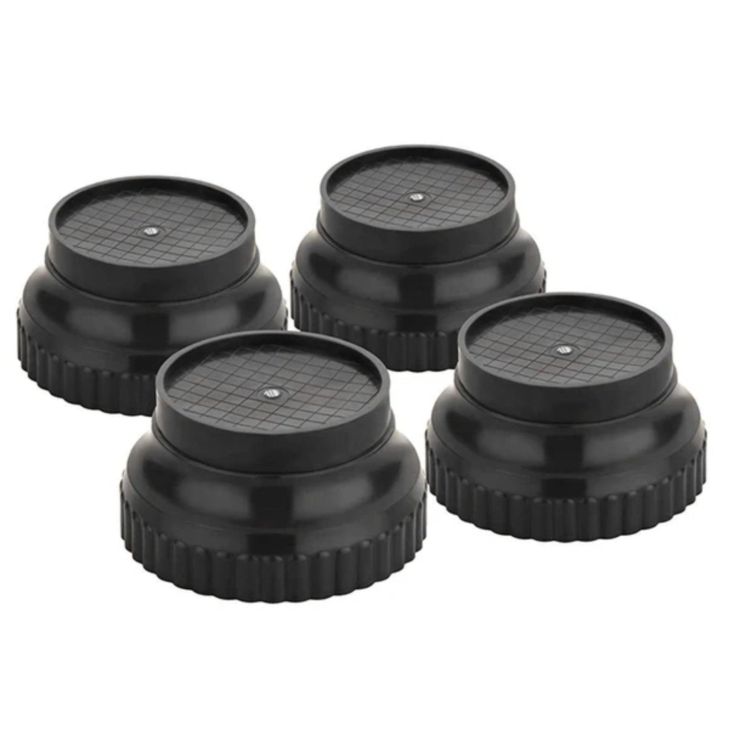 Close-up of a durable black plastic appliance stand leg, showing its sturdy design.