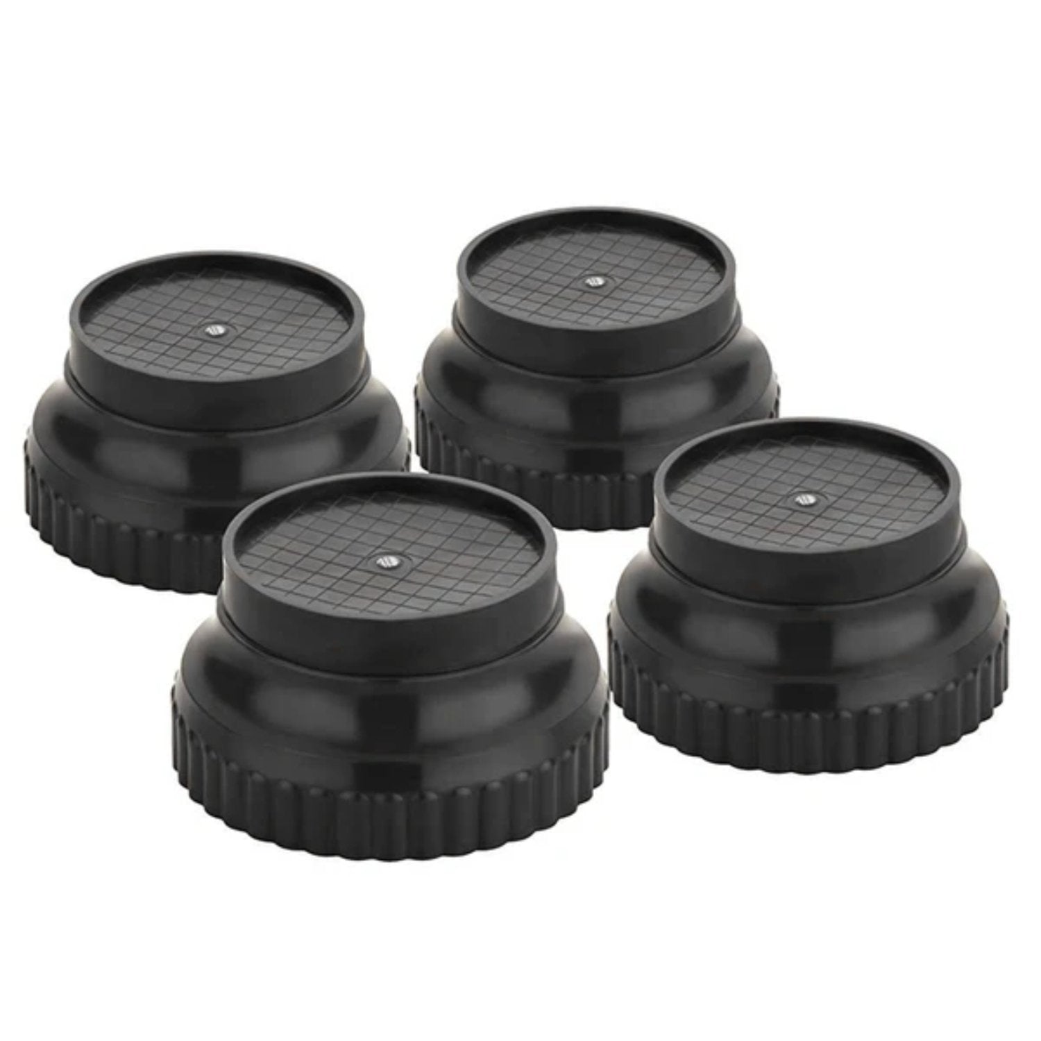 Close-up of a durable black plastic appliance stand leg, showing its sturdy design.
