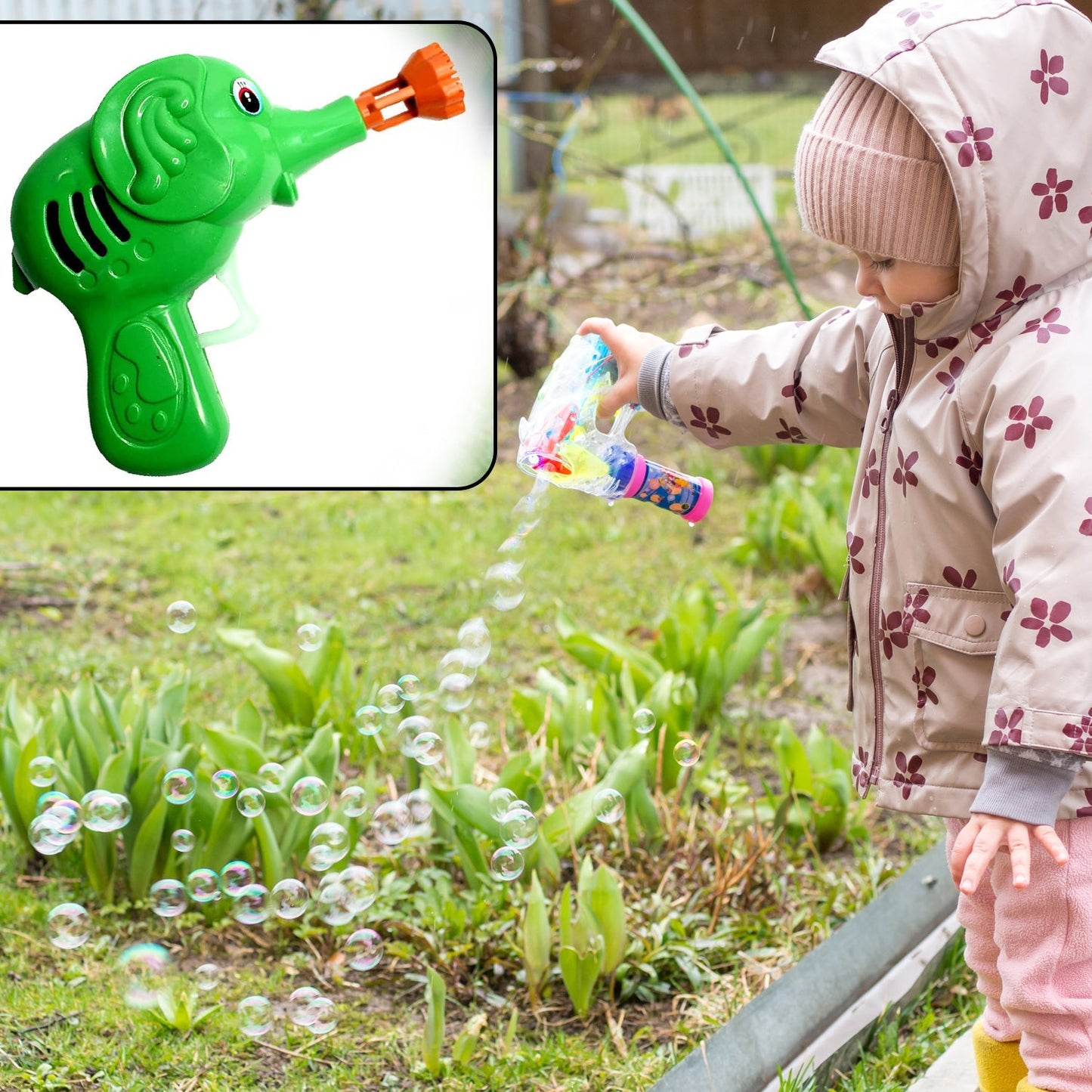 Elephant shaped bubble gun toy loaded with bubble liquid bottle