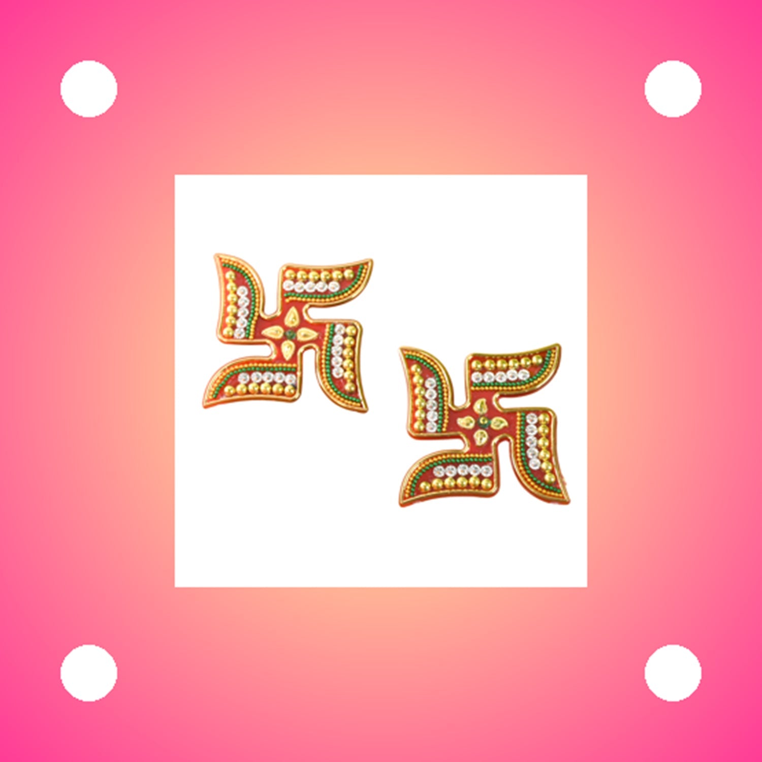 Acrylic Swastik stickers showcasing detailed bead and rhinestone craftsmanship