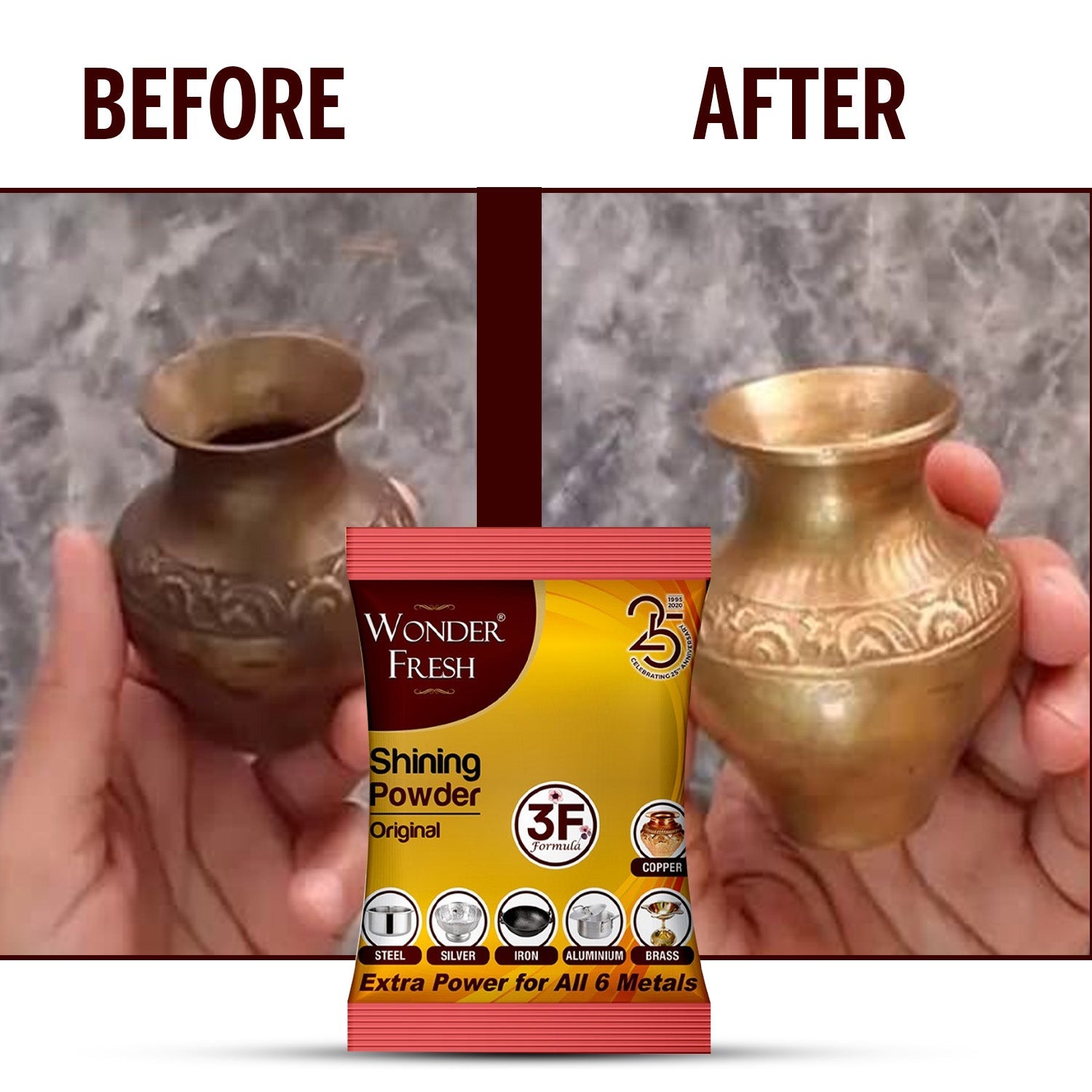 Back label of Wonder Fresh Metal Polishing Powder showing usage instructions.