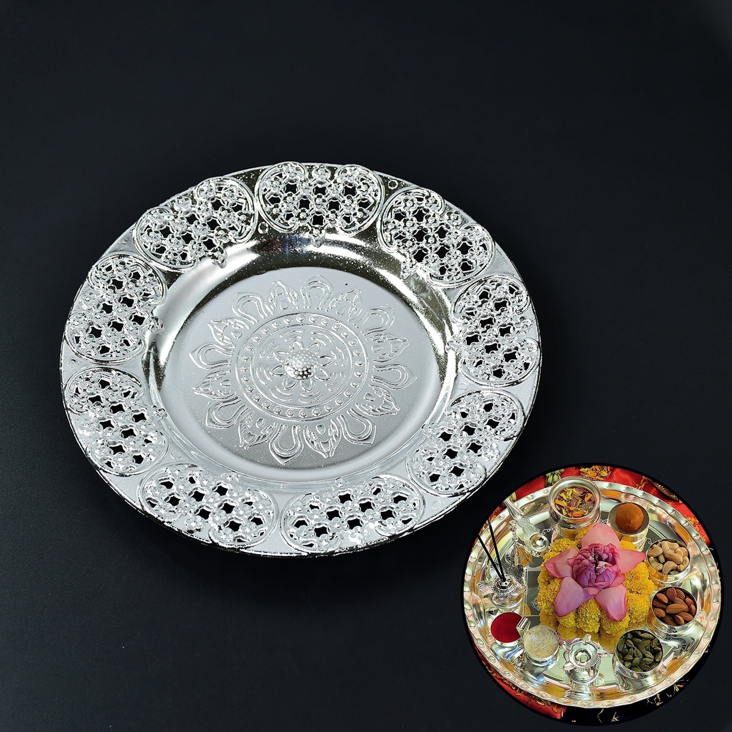 Silver color plastic Pooja Thali set with kumkum holders for rituals.