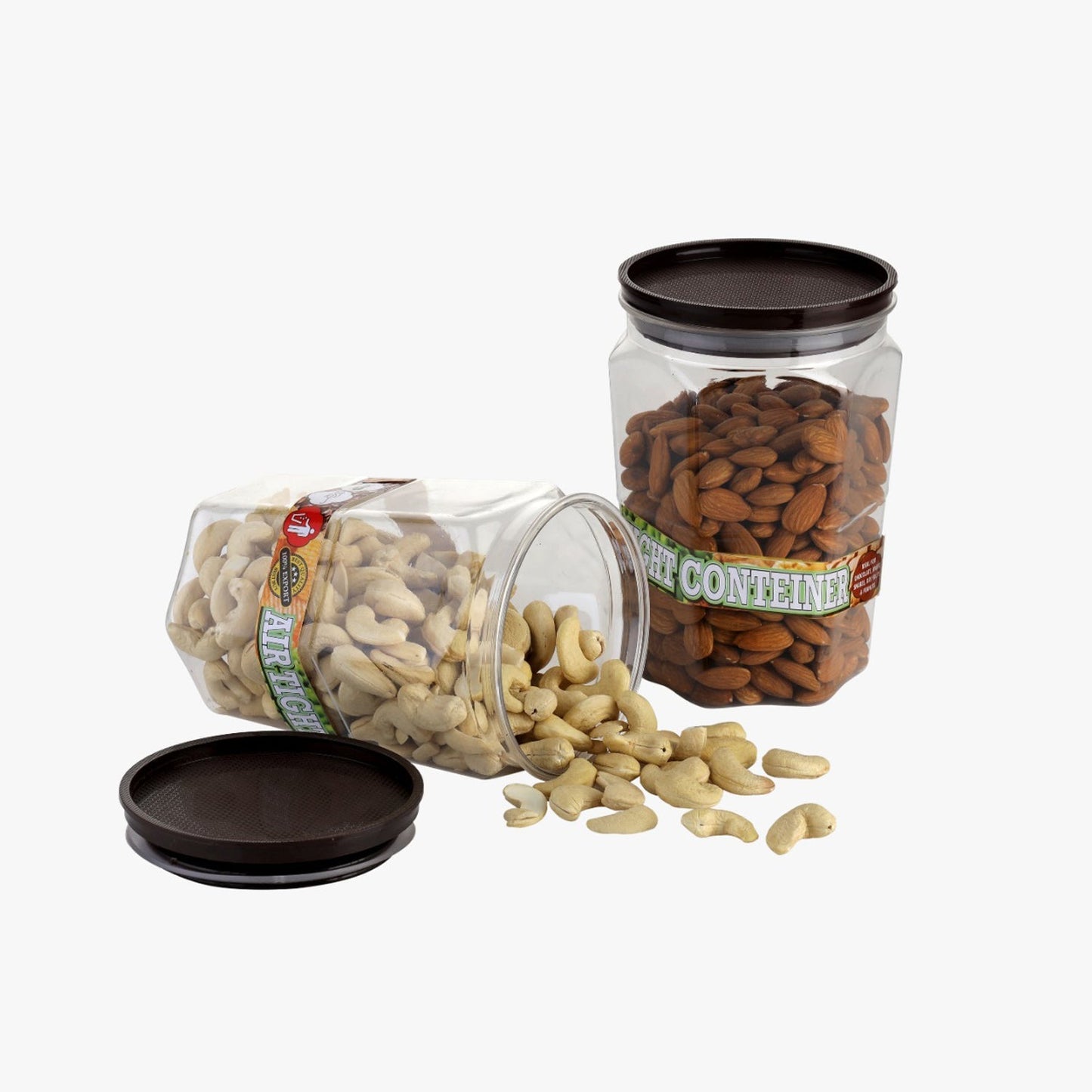 Round airtight jars showcasing their transparency and food contents.