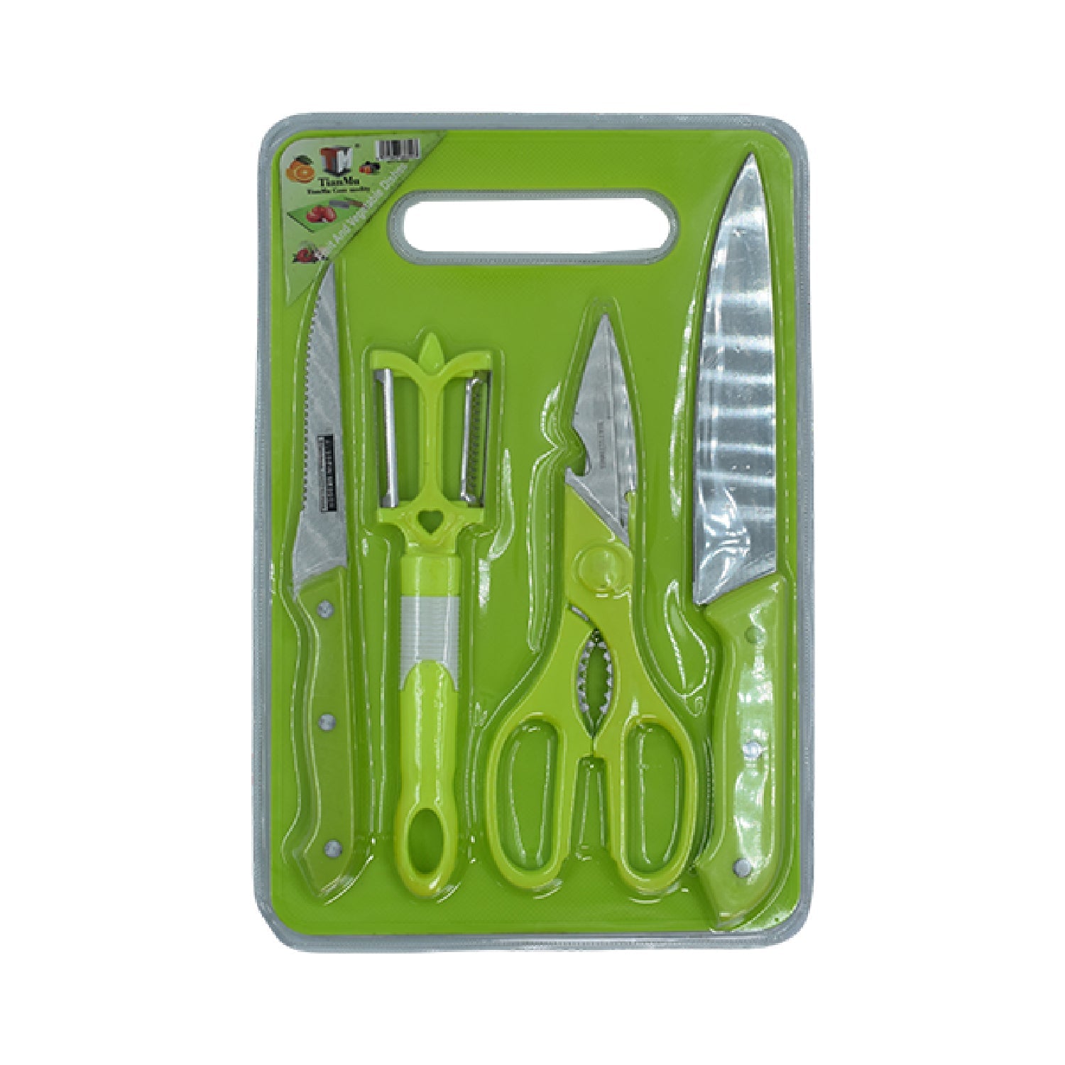 Compact plastic chopping board accompanied by a sharp stainless steel knife and scissors.