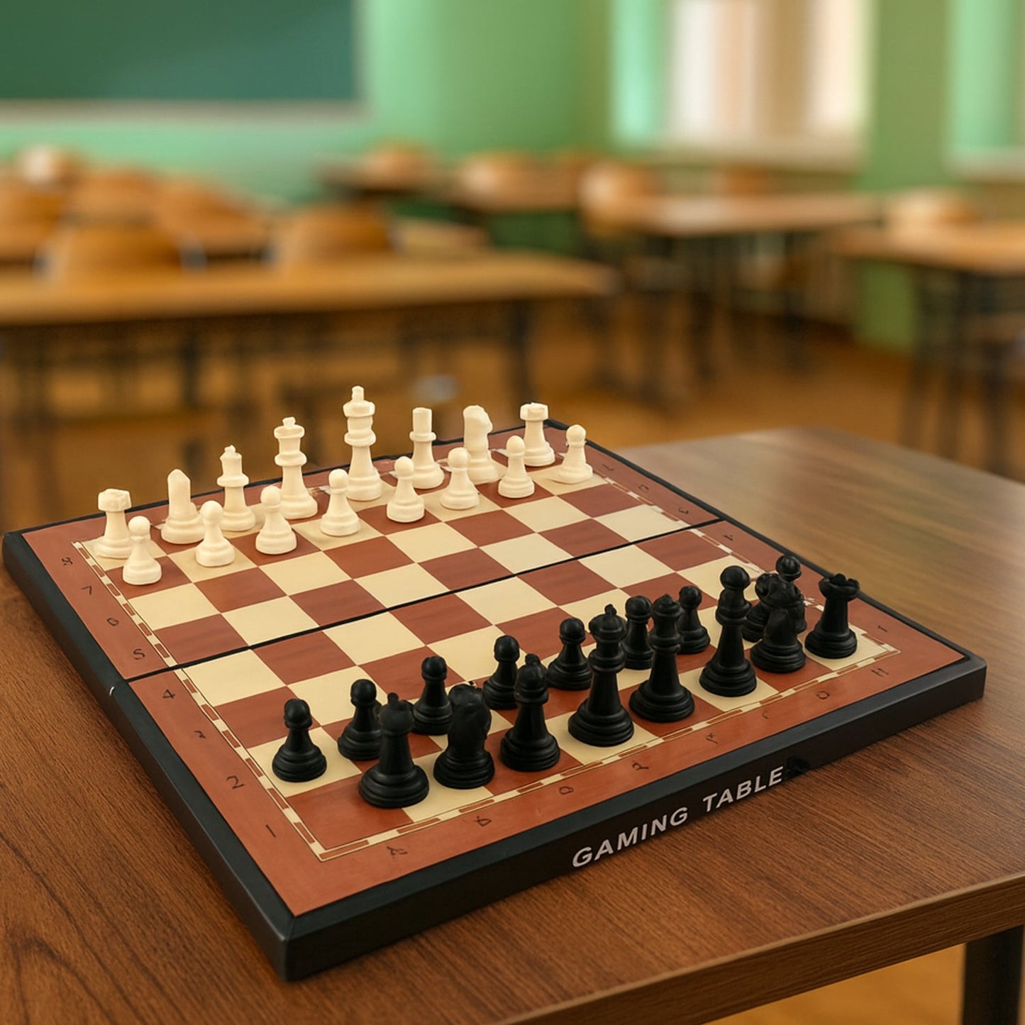 Foldable chess board game ideal for travel and outdoor use