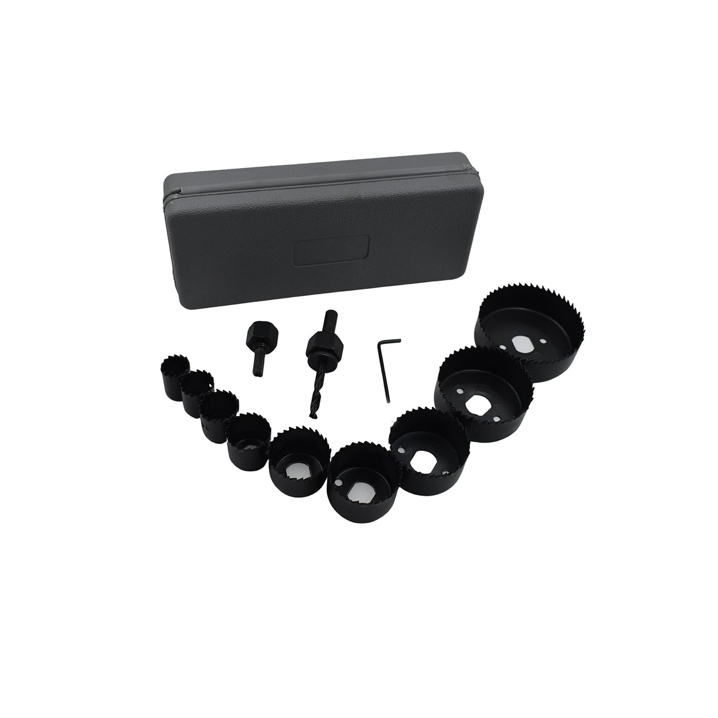 All components of the 12-piece hole saw kit neatly arranged for easy access.