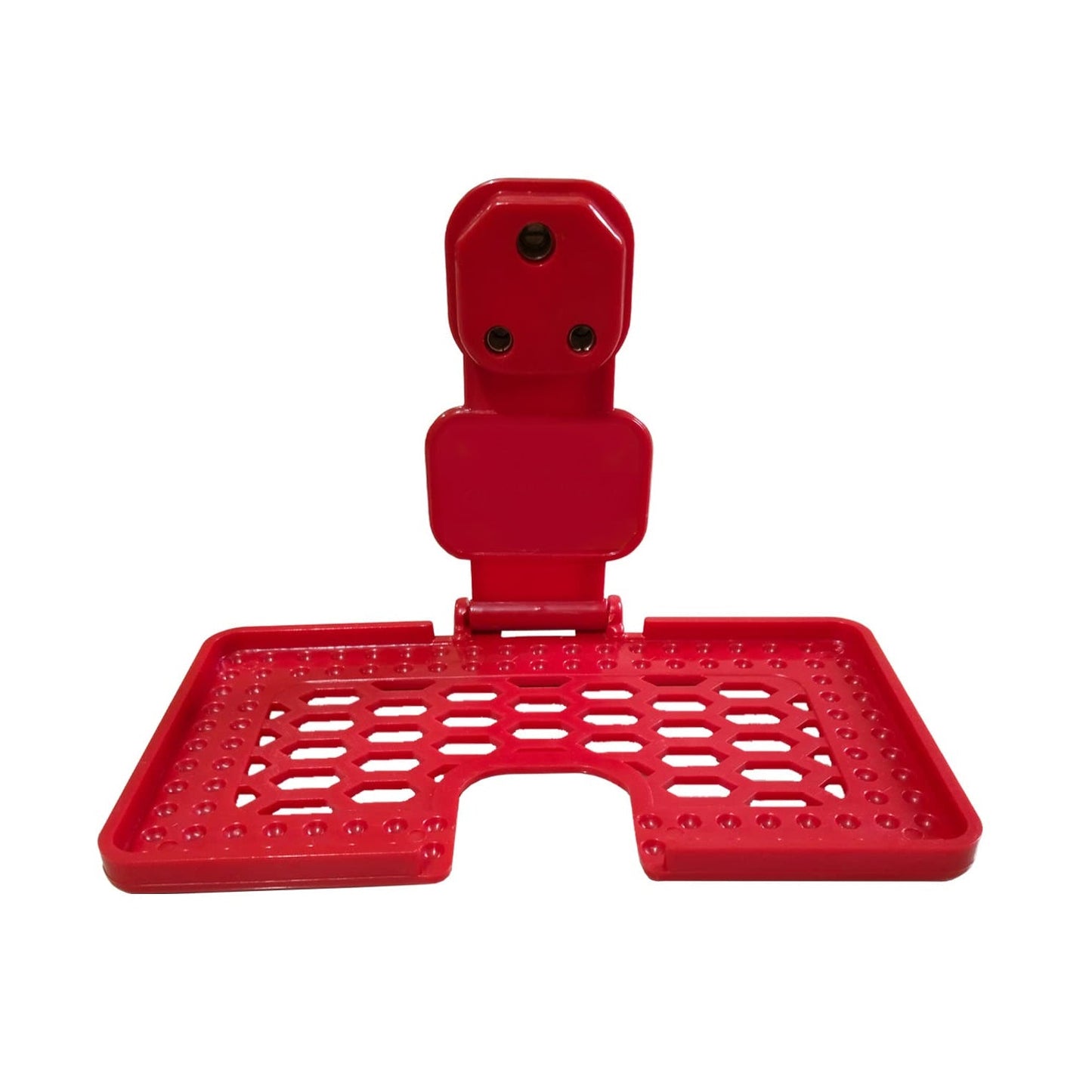 Side view of the red phone charging stand, showcasing its sturdy design.