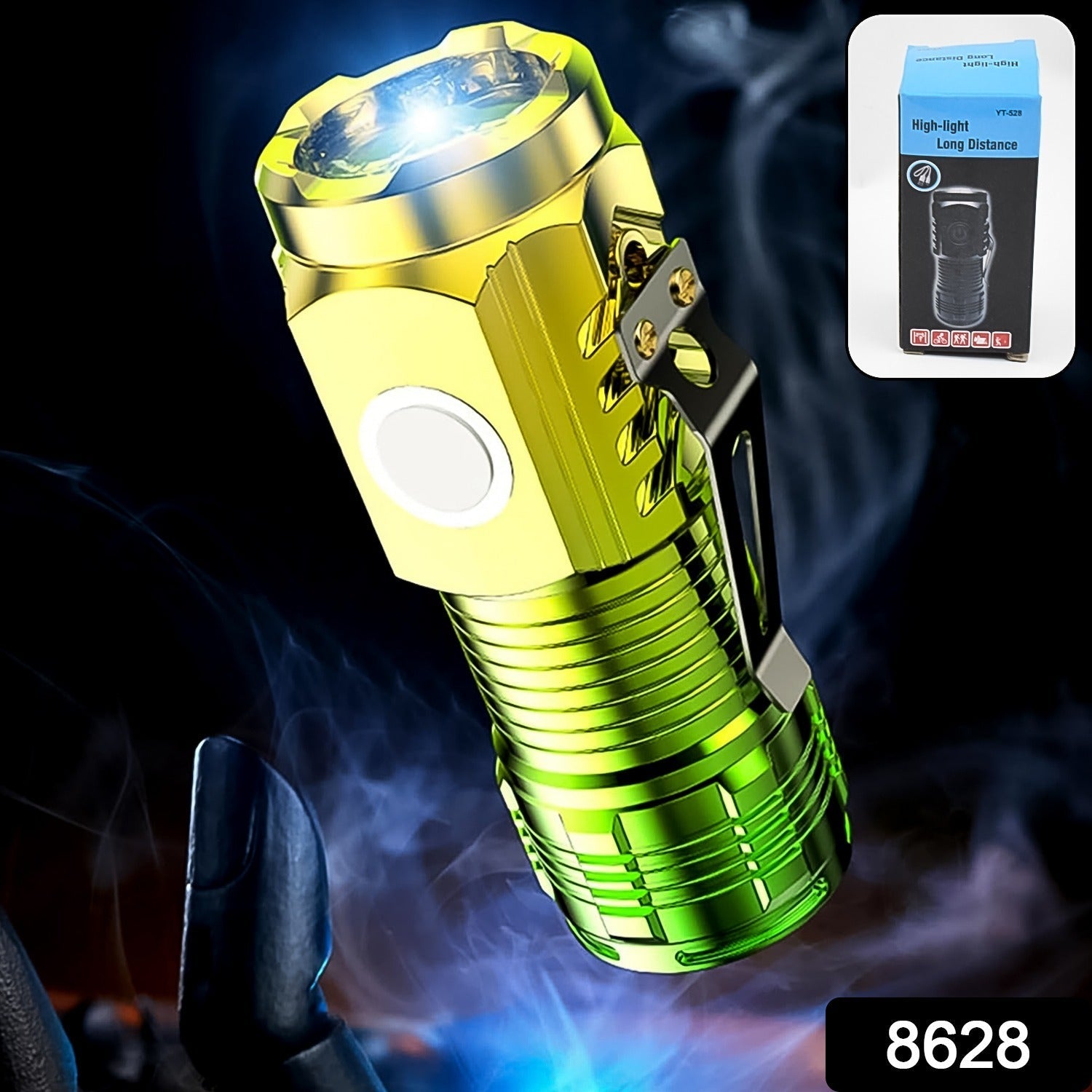 Portable mini LED torch light with a convenient clip for hands-free use.