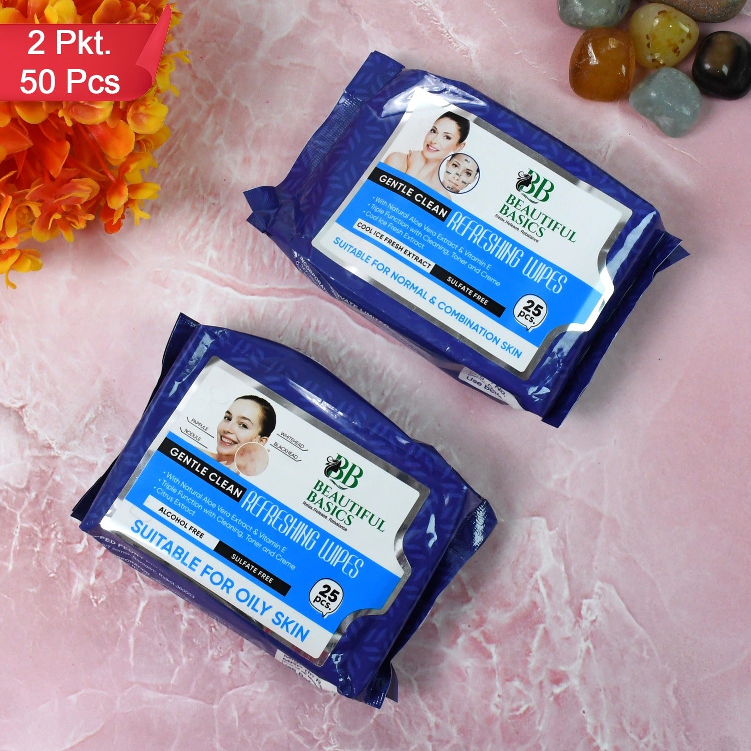 Beautiful Basics wet wipes pack with a gentle formula for daily facial cleansing.