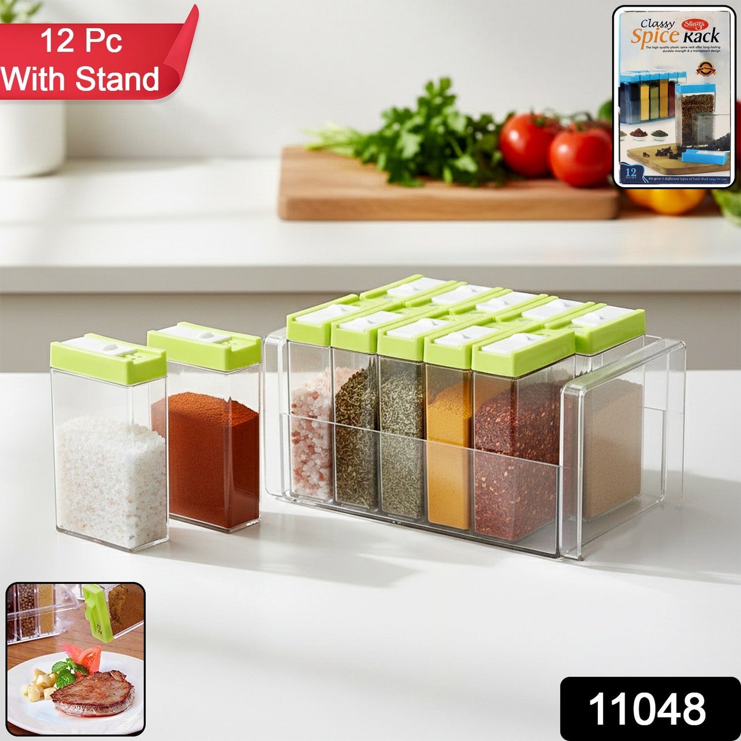 Top view of 12-piece clear spice containers arranged on a modular spice rack stand