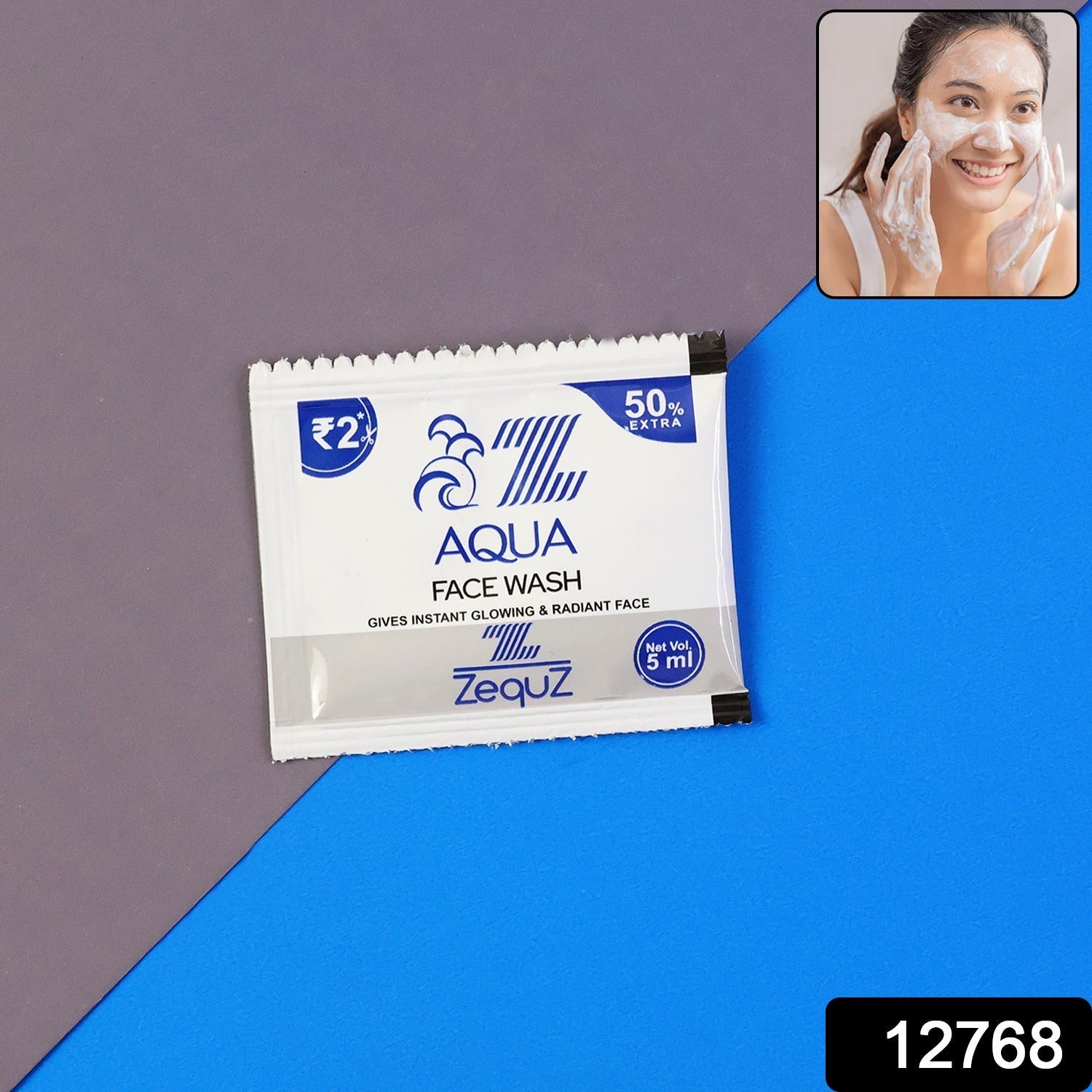 Close-up of aqua face wash sachets designed for oil control and travel use.