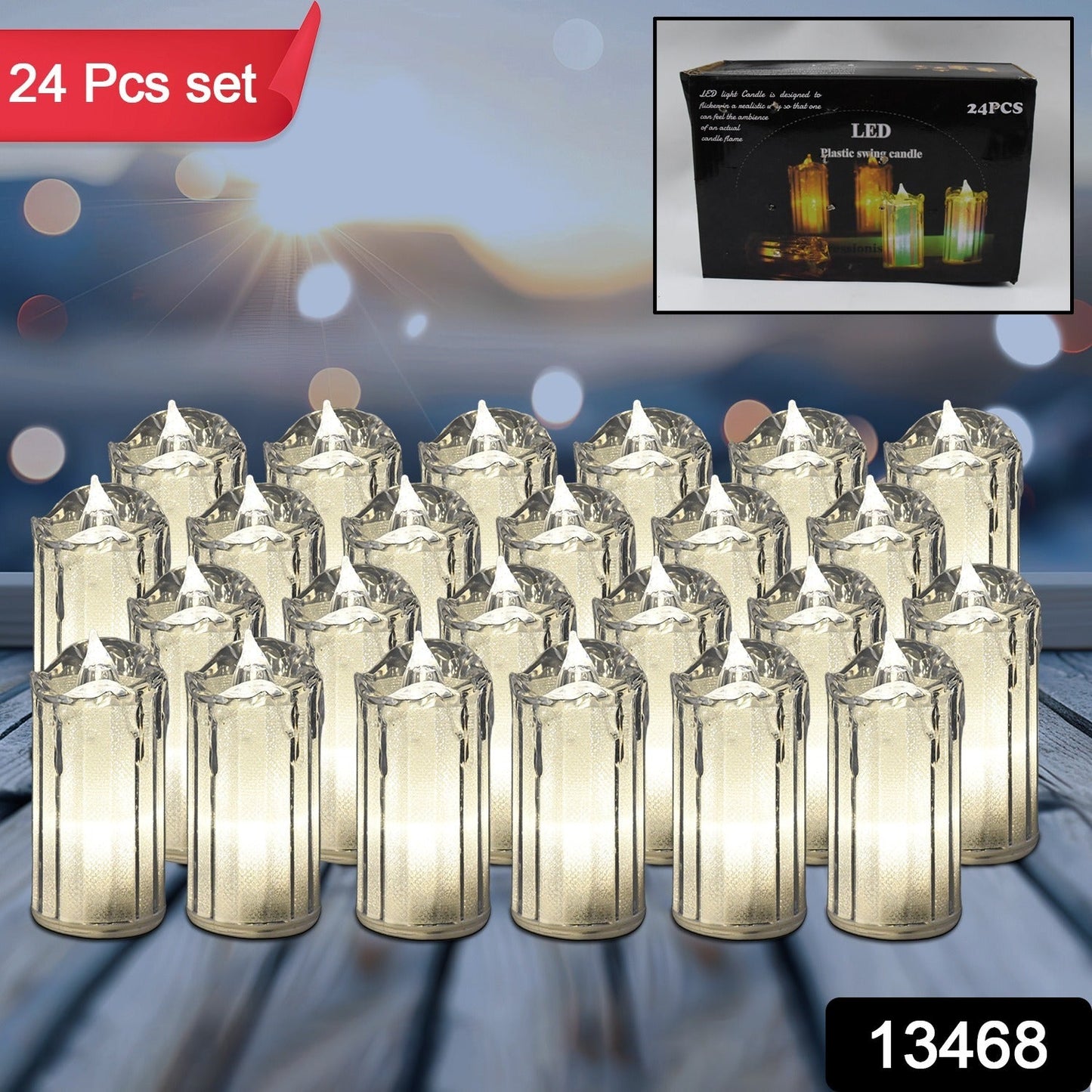 Twenty-four flameless LED tea light candles neatly packed in a box.