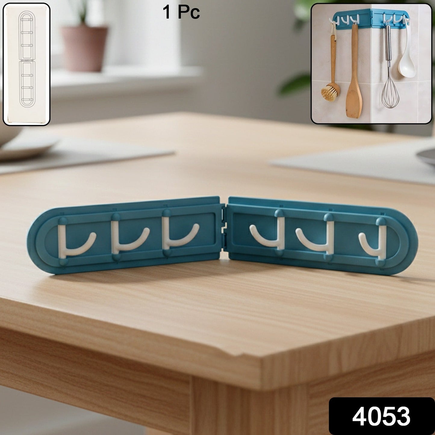 Foldable hook rack installed on kitchen wall holding utensils