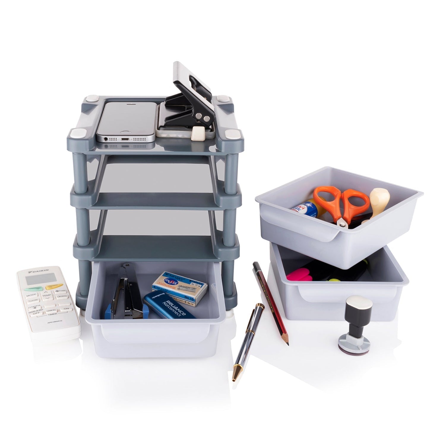 Compact 3-layer makeup organizer drawer for cosmetics on a vanity.