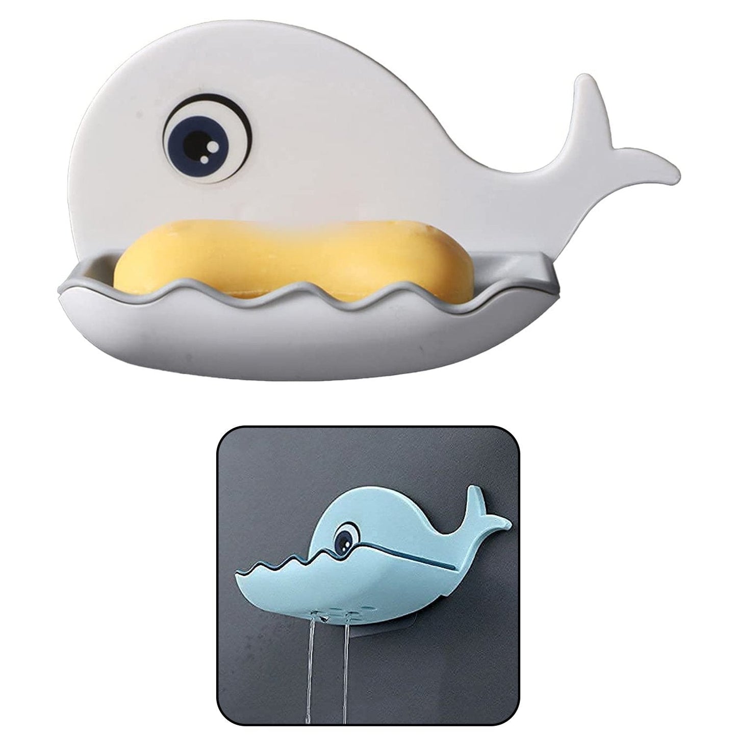 Two fish shape soap dishes displayed together, emphasizing their wall-mounted design.