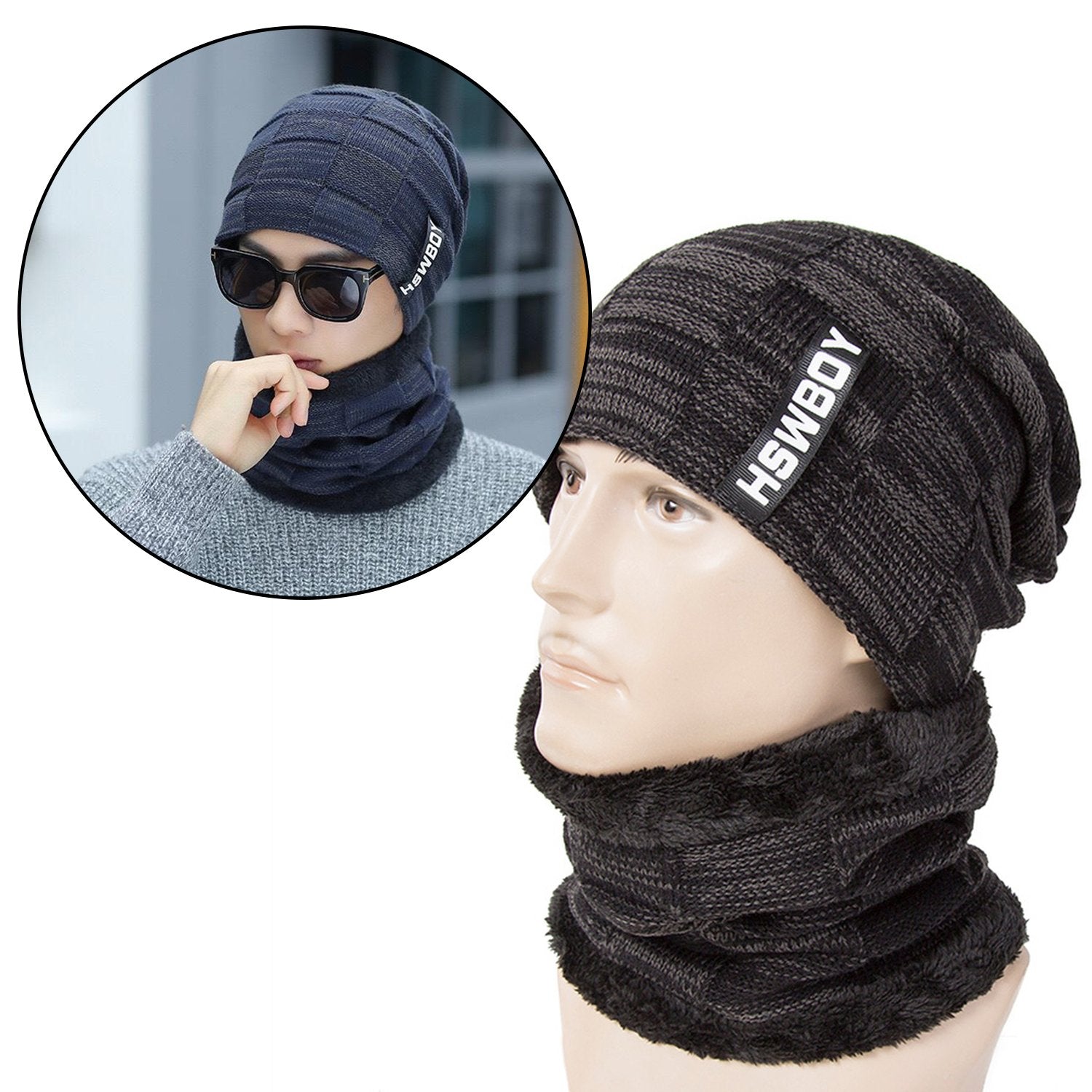 Detail of the stretchy acrylic knit and fleece lining of the woolen beanie scarf set.