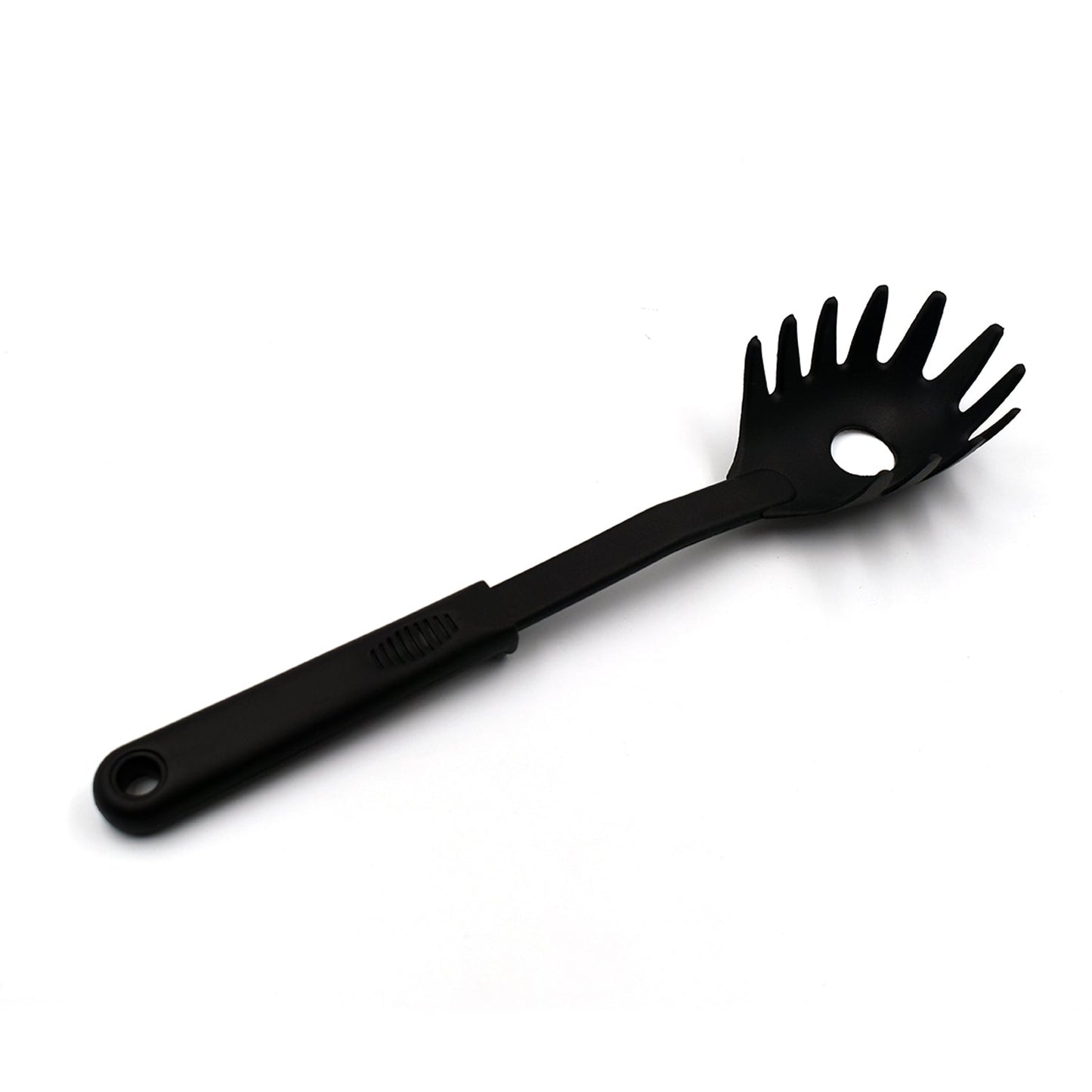 A black non-stick pasta server holding a generous portion of freshly cooked spaghetti.
