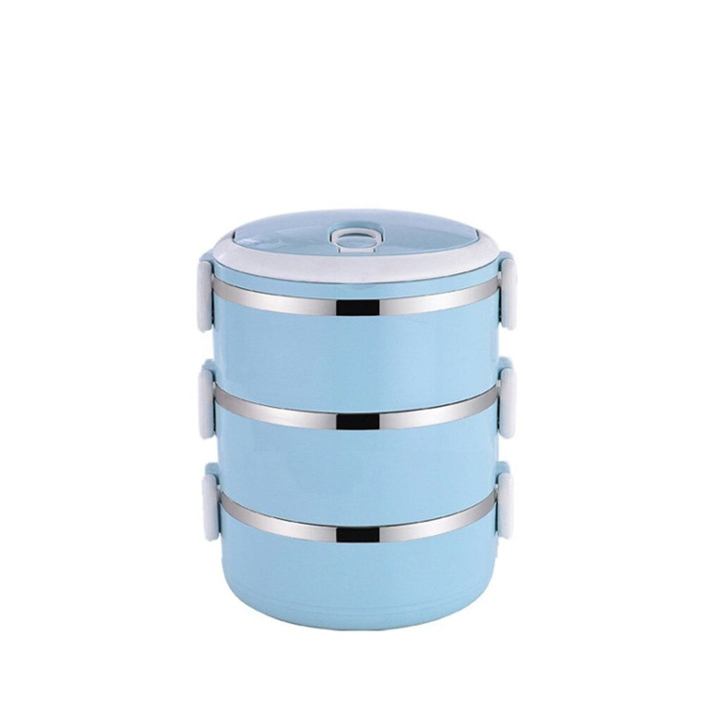 Insulated 3-layer stainless steel lunch box designed to keep food hot.