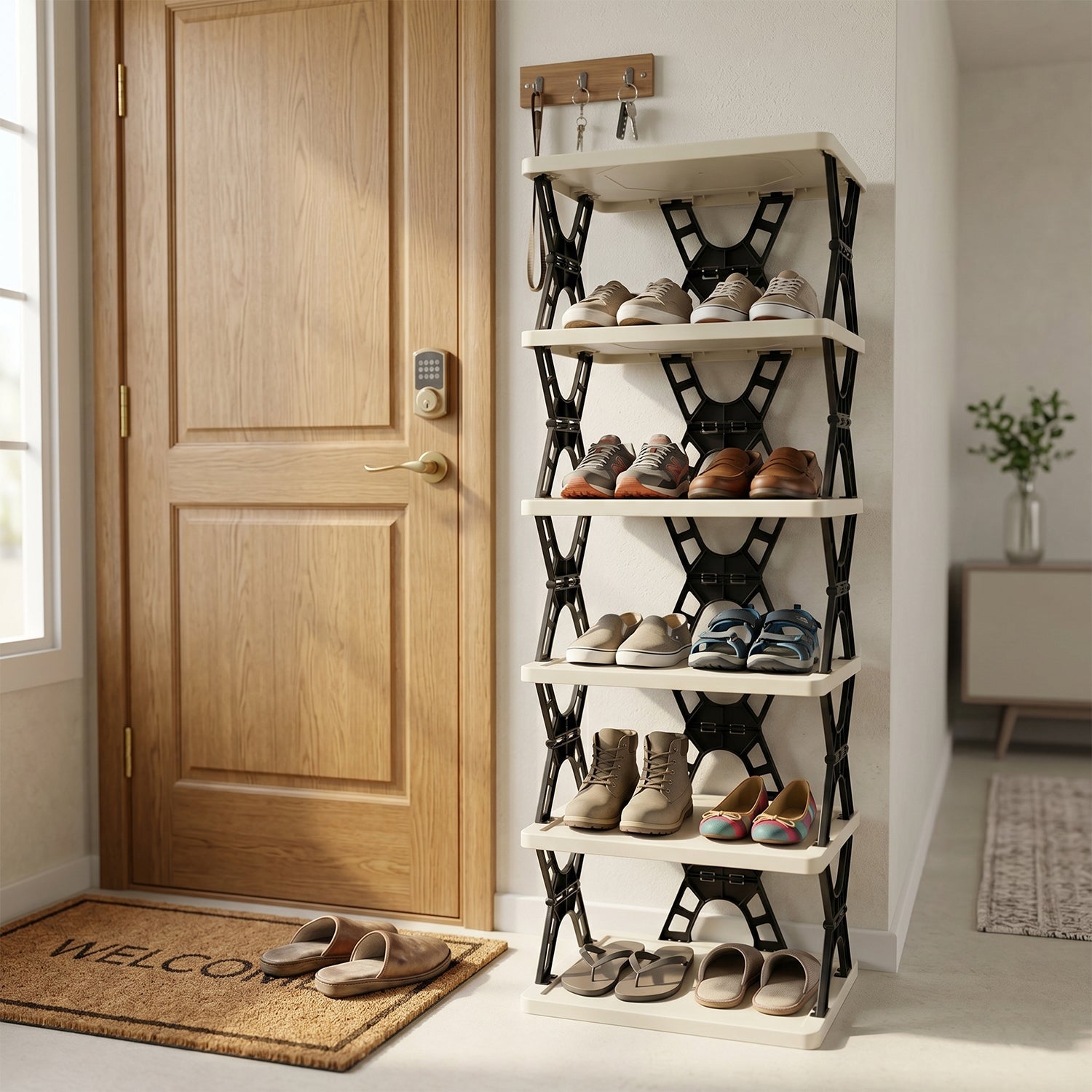 Space saving foldable storage shelf unit in living room or utility area