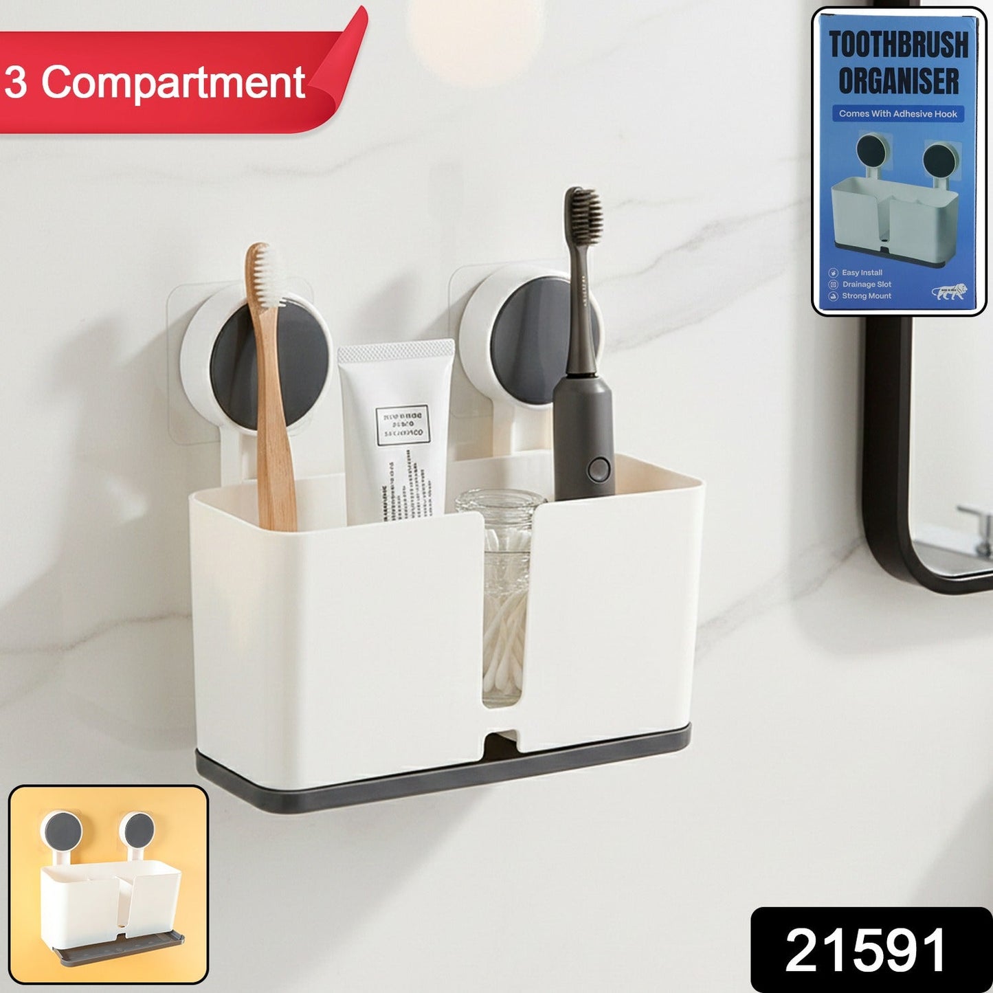 Wall mounted toothbrush holder with three compartments organizing toothbrushes and toothpaste