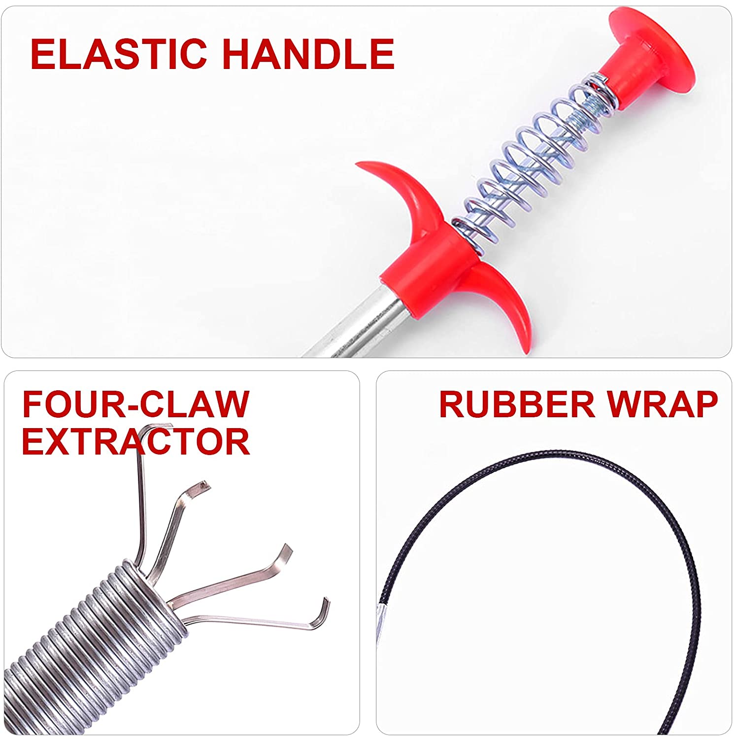 Close-up of the drain cleaner tool's grabber claw, ideal for hair and debris removal.