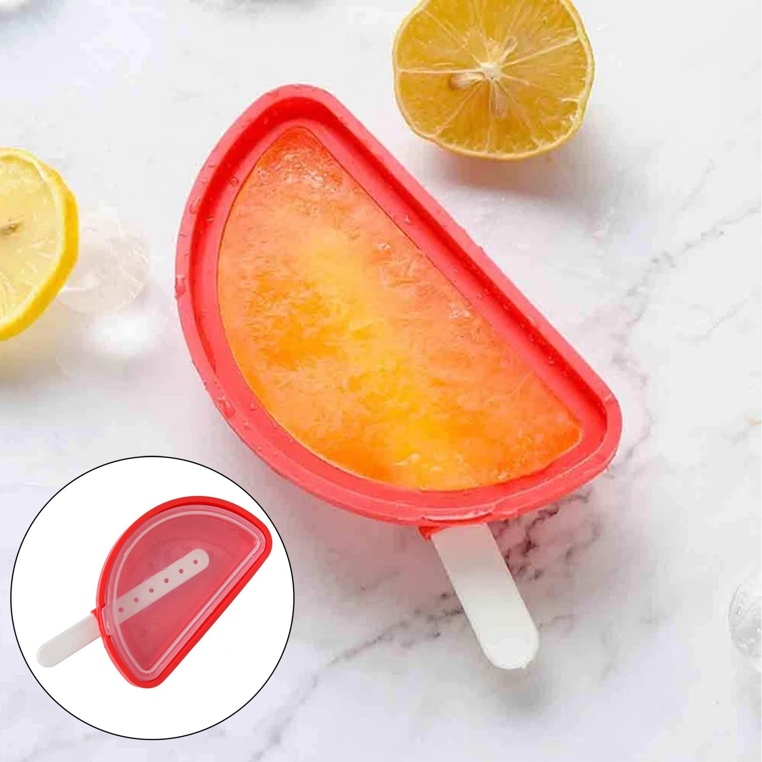 Close-up of the flexible watermelon ice mould with a lid.
