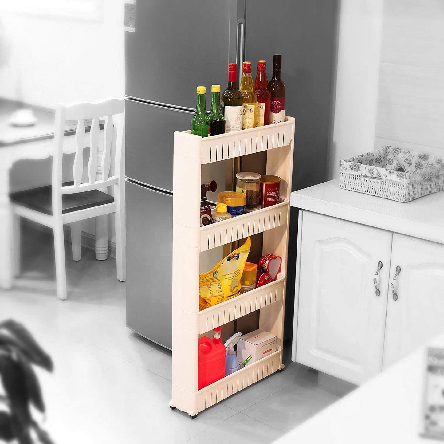 Slim 4-layer multipurpose organizer rack with items, perfect for narrow spaces.