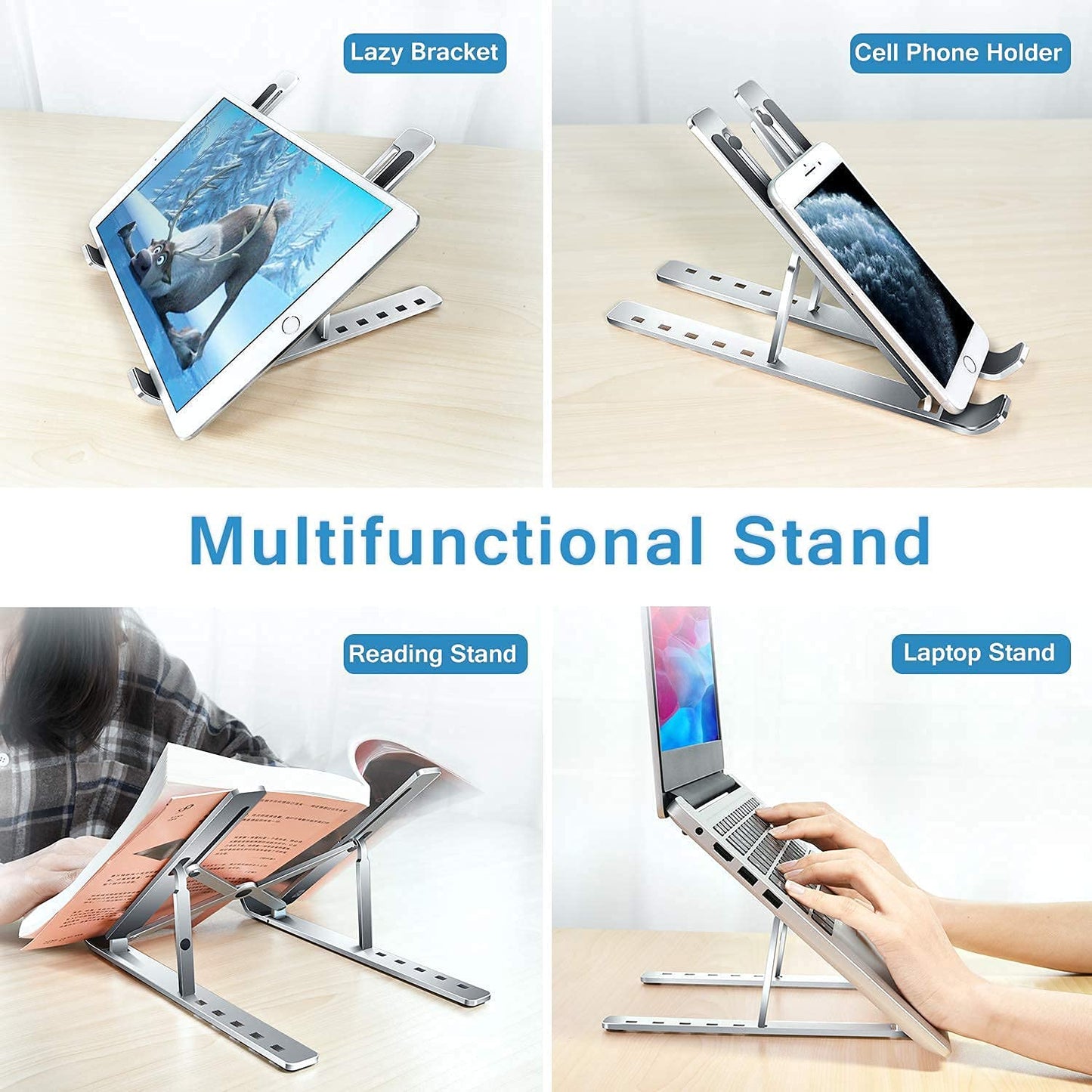 Versatile metal laptop holder supporting a laptop, tablet, and phone on a clean desk.