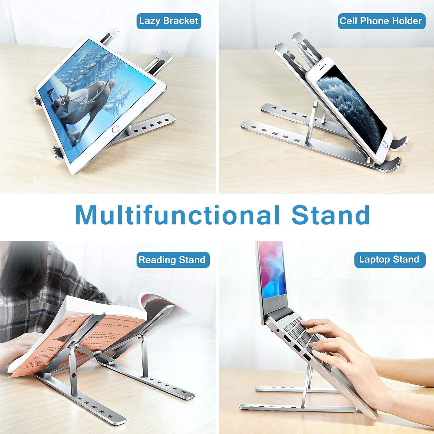 Versatile metal laptop holder supporting a laptop, tablet, and phone on a clean desk.